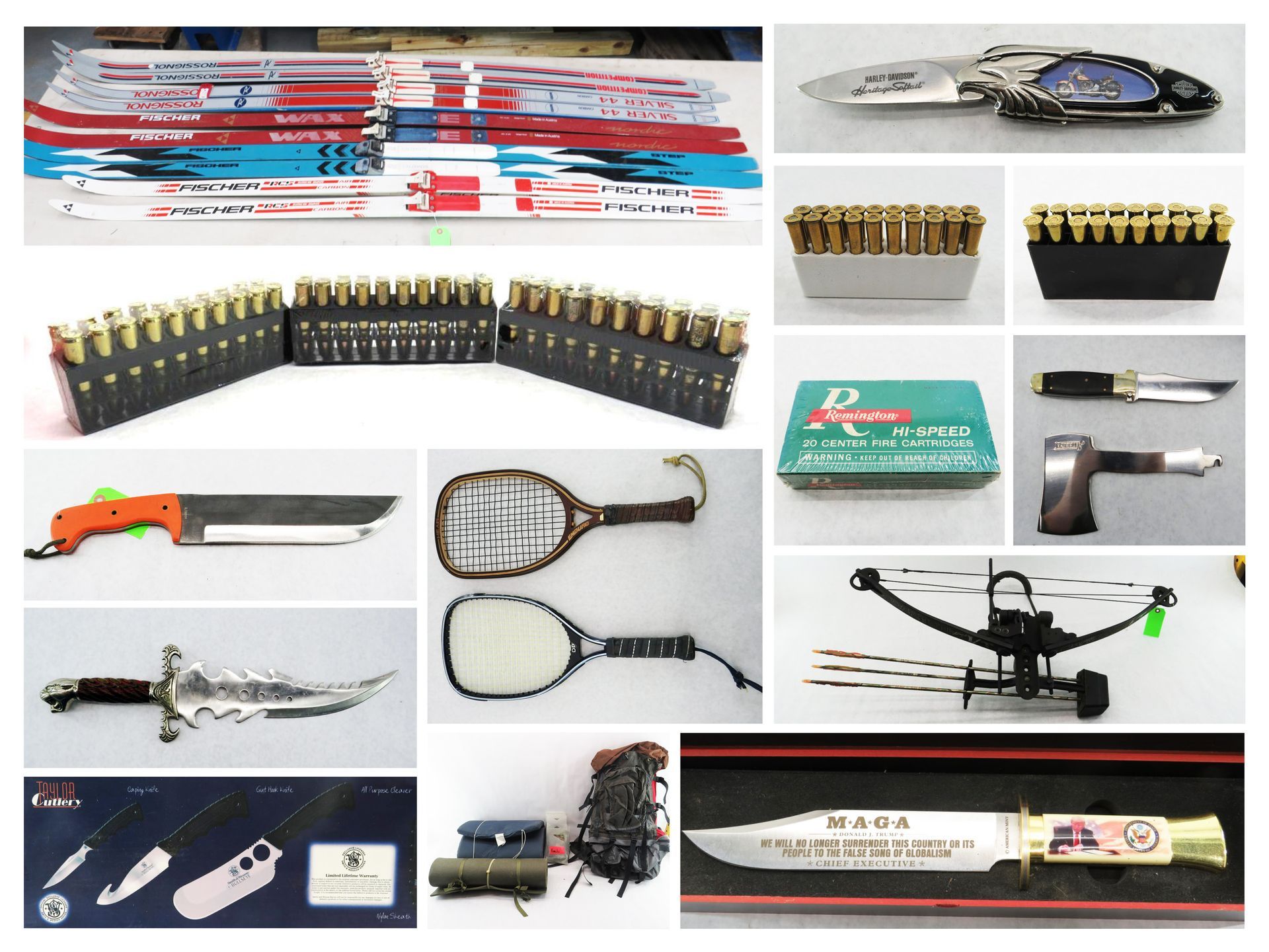 Various objects: skis, ammunition, knives, tennis rackets, a crossbow, and survival gear.