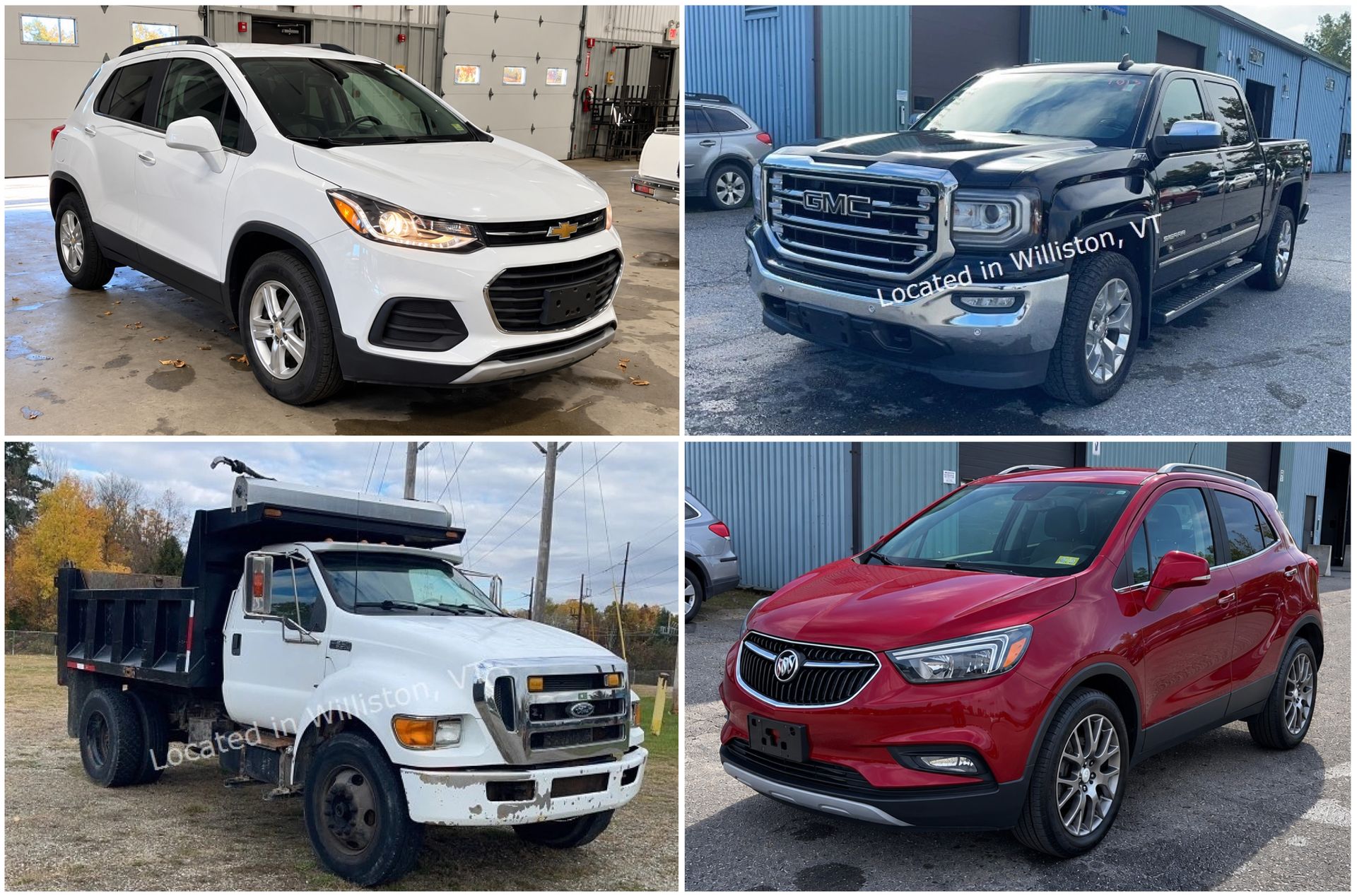 Collage of four vehicles: white SUV, black pickup, white dump truck, and red SUV in a lot