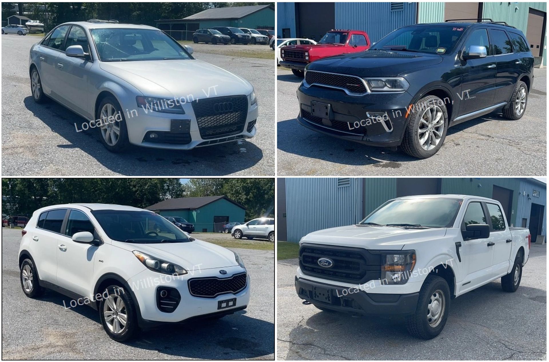 Four vehicle photos: a black pickup, a white camper trailer, a dark SUV, and a maroon sedan with gold rims.