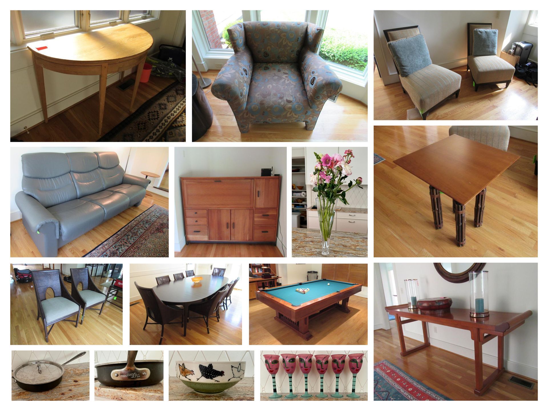 A collage of various furniture items: tables, chairs, sofa, pool table, and decorative items.