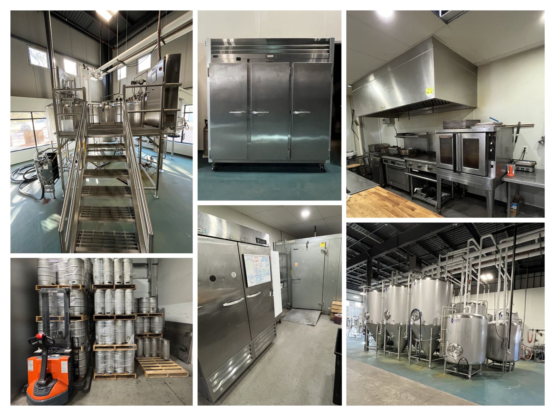 Assembly of industrial kitchen and brewery equipment in a warehouse setting.