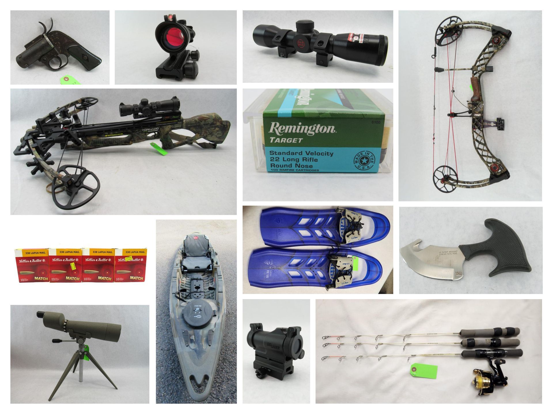 Collection of firearms, optics, hunting gear, and related accessories.