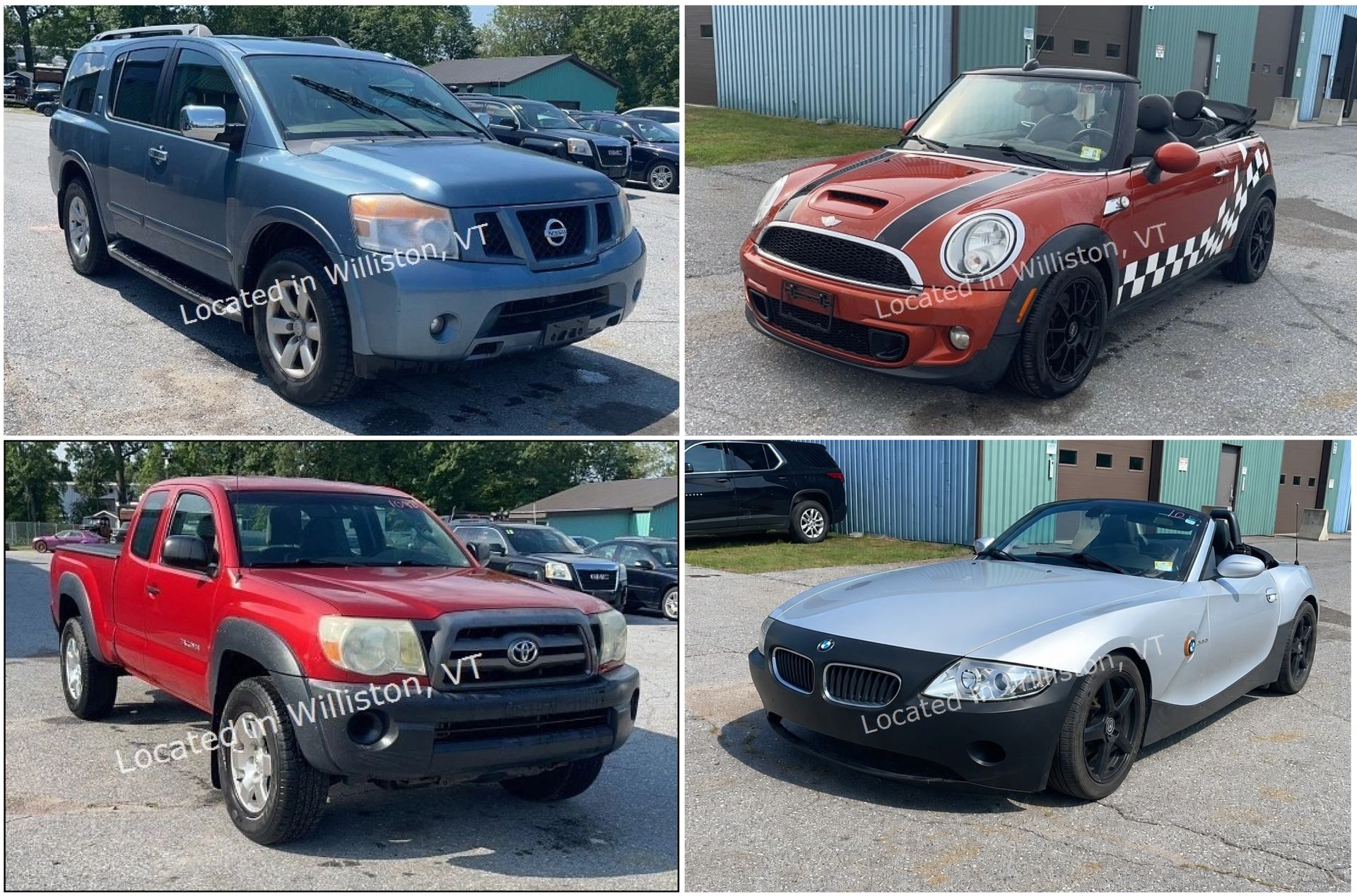 Four vehicle photos: a black pickup, a white camper trailer, a dark SUV, and a maroon sedan with gold rims.
