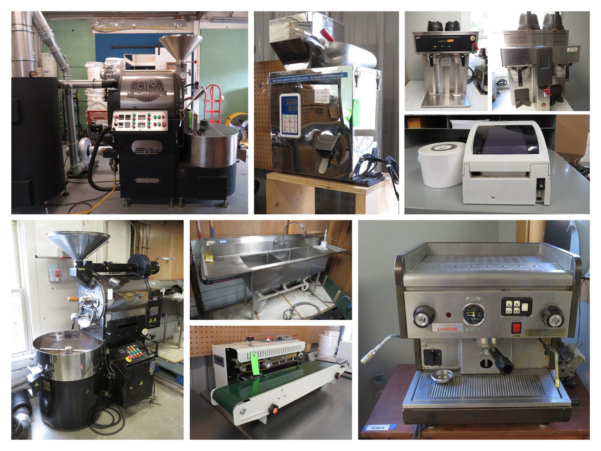 Coffee roasting and packaging equipment. Includes roasters, grinders, espresso machine, and sealing equipment.