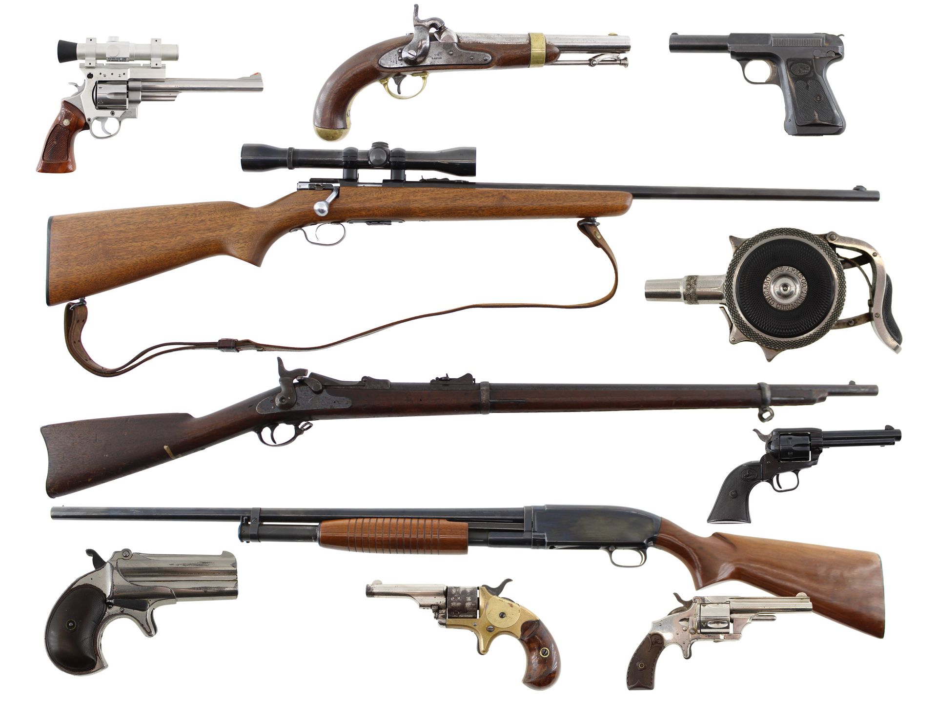 Collage of weapons, ammunition, and military gear, including rifles, knives, bullets, and a machete.