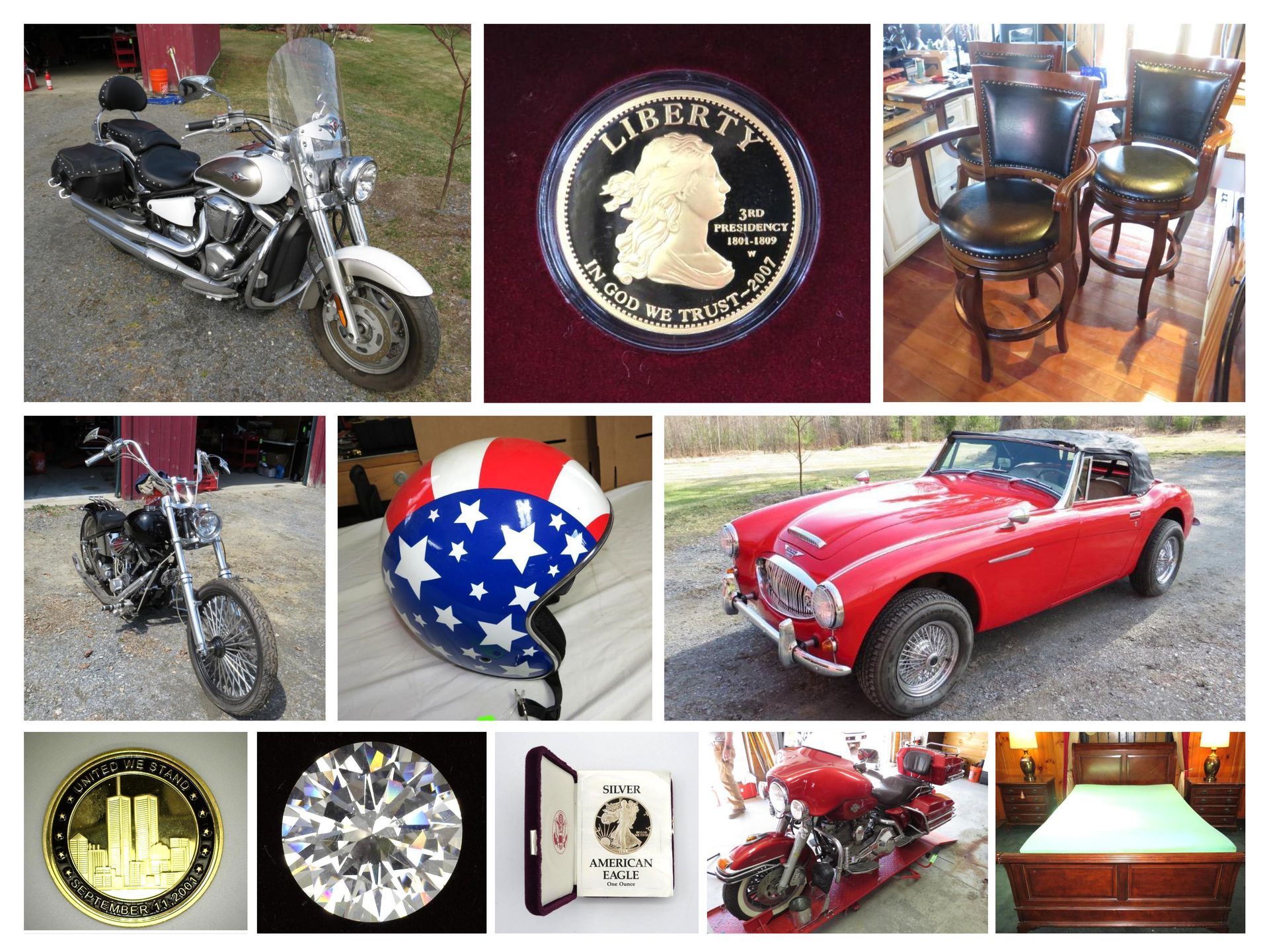 Motorcycles, a gold coin, bar stools, helmet, a red car, and a diamond.