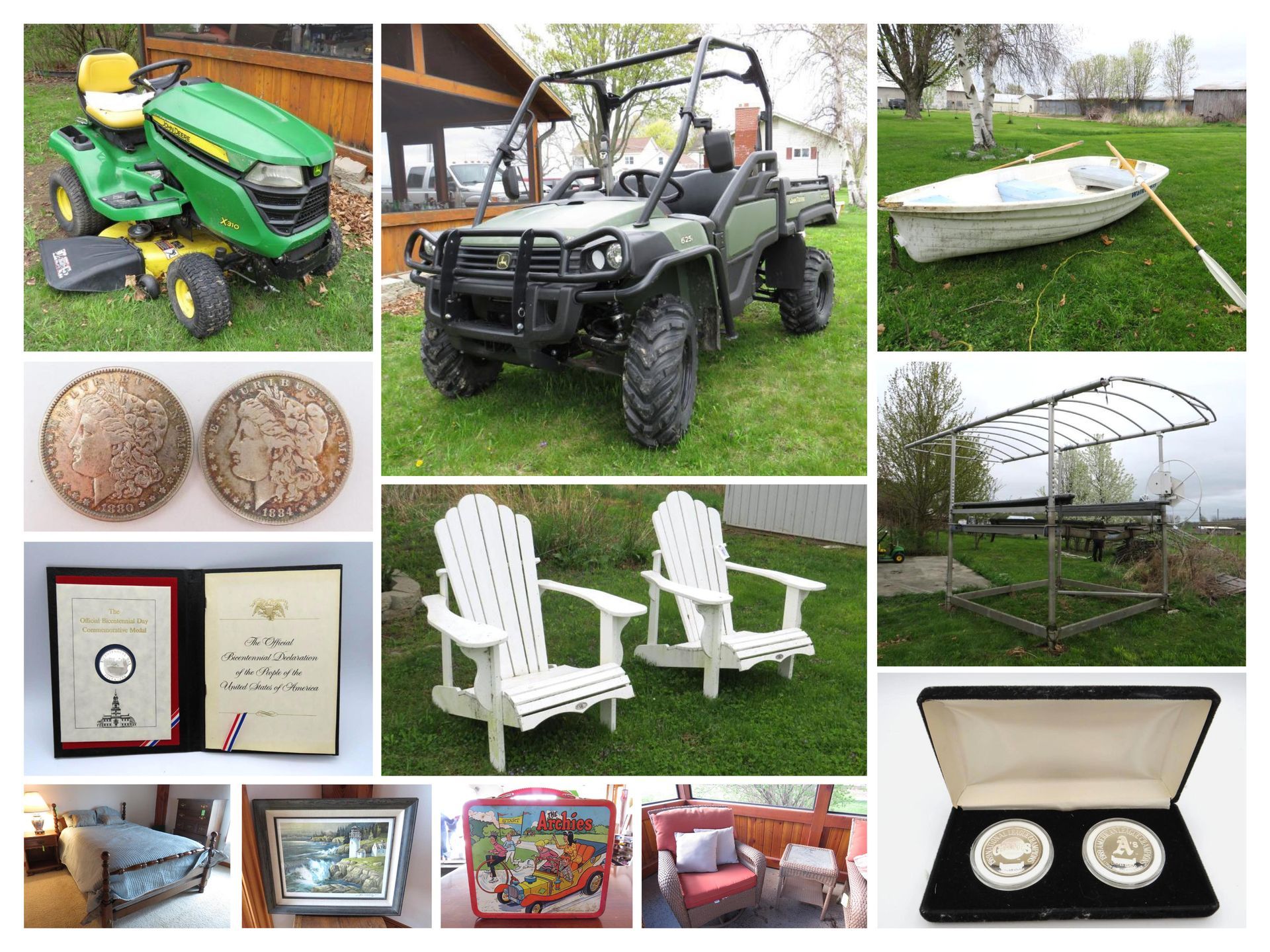 Assorted items for sale, including a lawn tractor, UTV, rowboat, coins, chairs, bed, and gazebo.