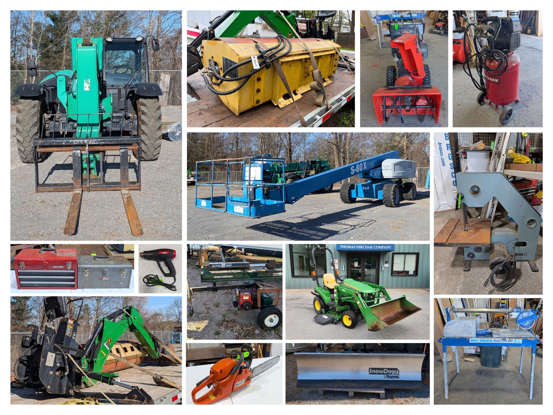 Collage of various vintage machinery: bulldozer, industrial press, backhoes, classic car, and antique gas pump