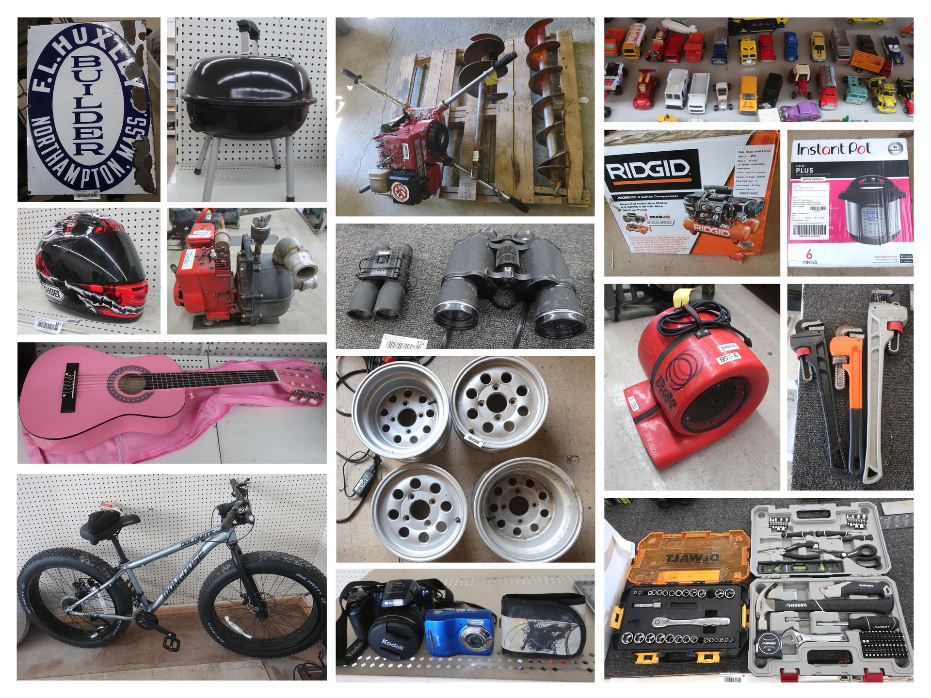 Various items for sale: grill, tools, bike, guitar, car parts, camera, and more.