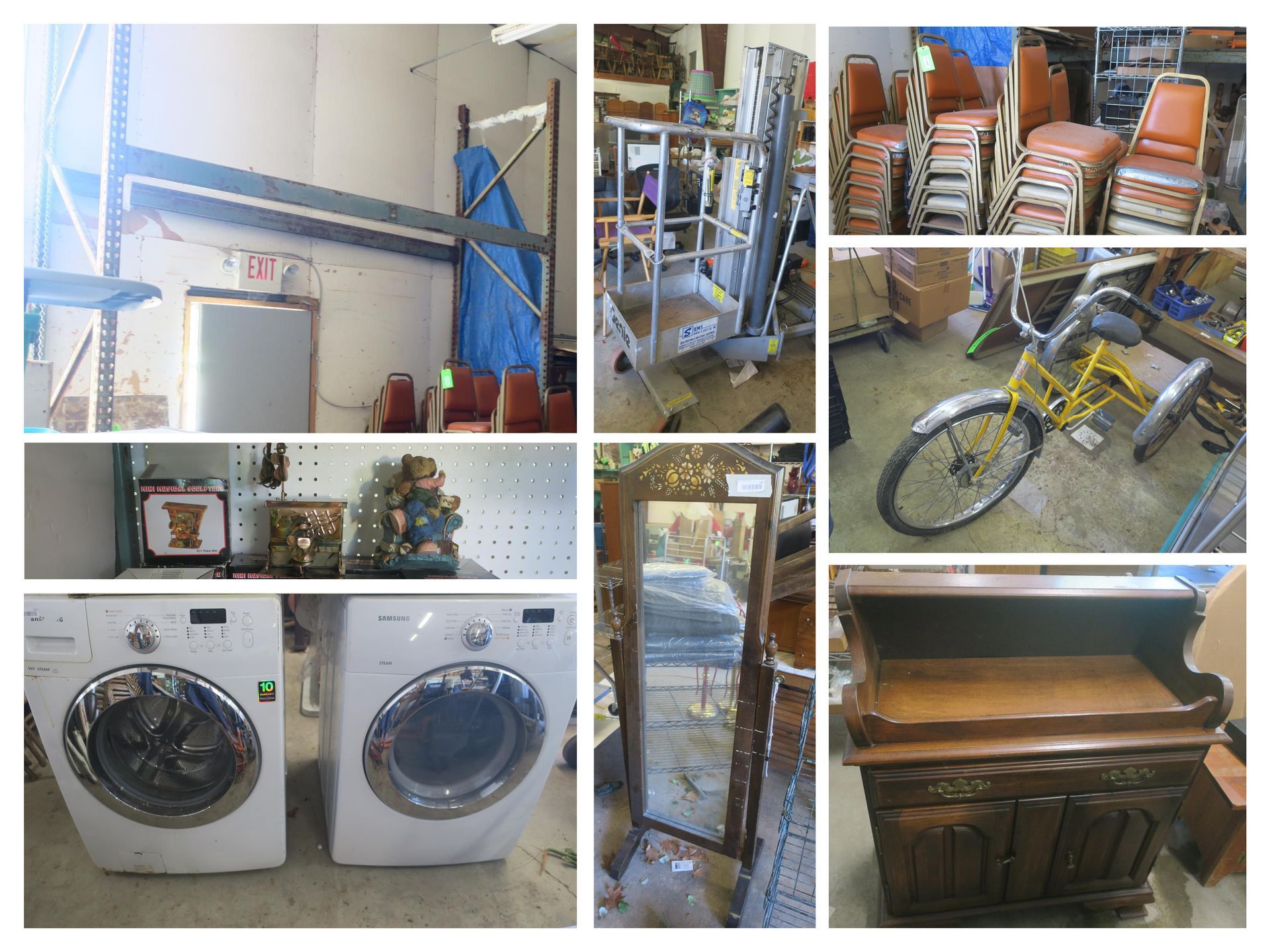 Collage of industrial machines, equipment, and shelving in a workshop or storage space