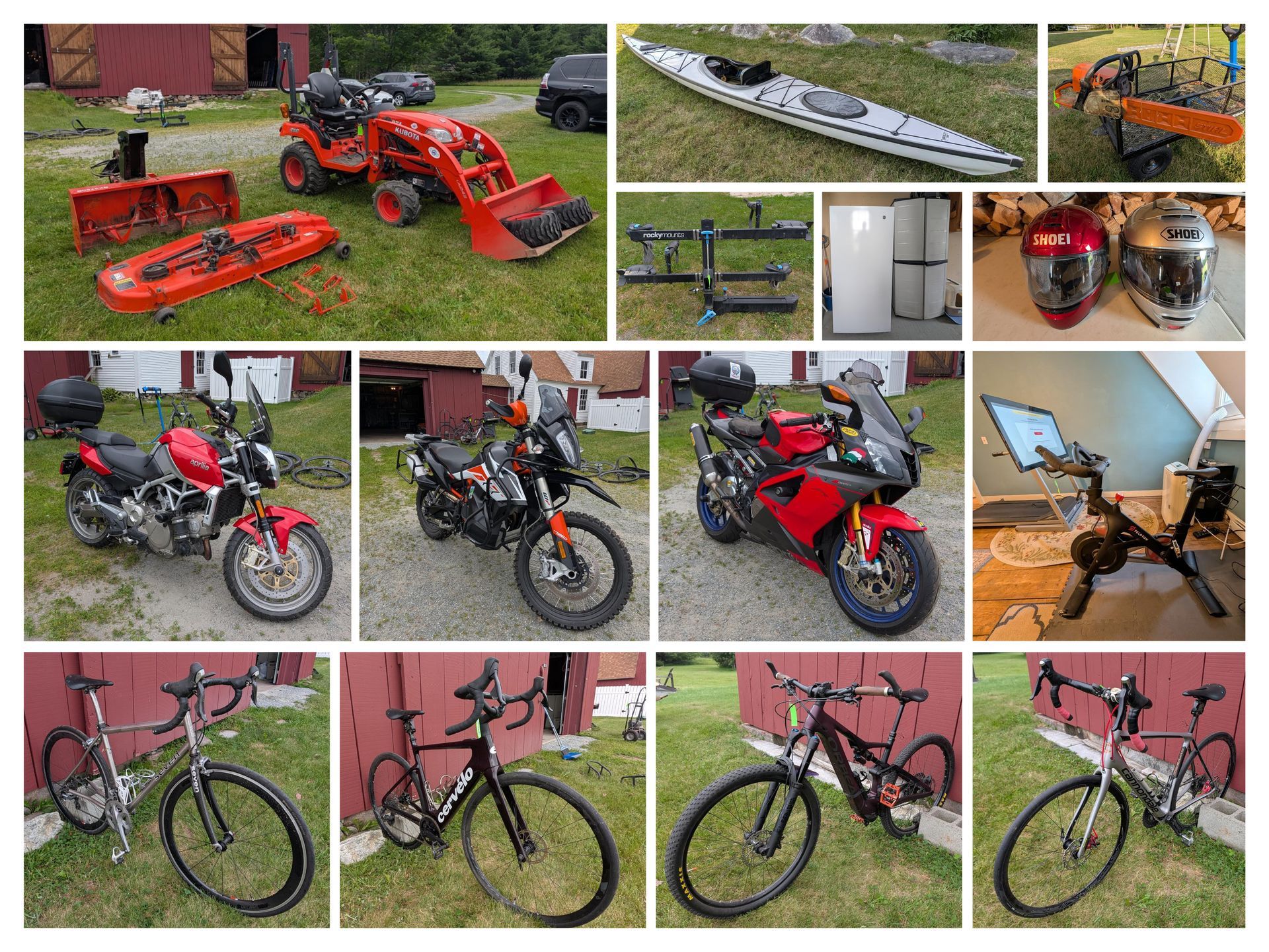Collage of a red lawn tractor, kayak, doors, motorcycle, bicycles