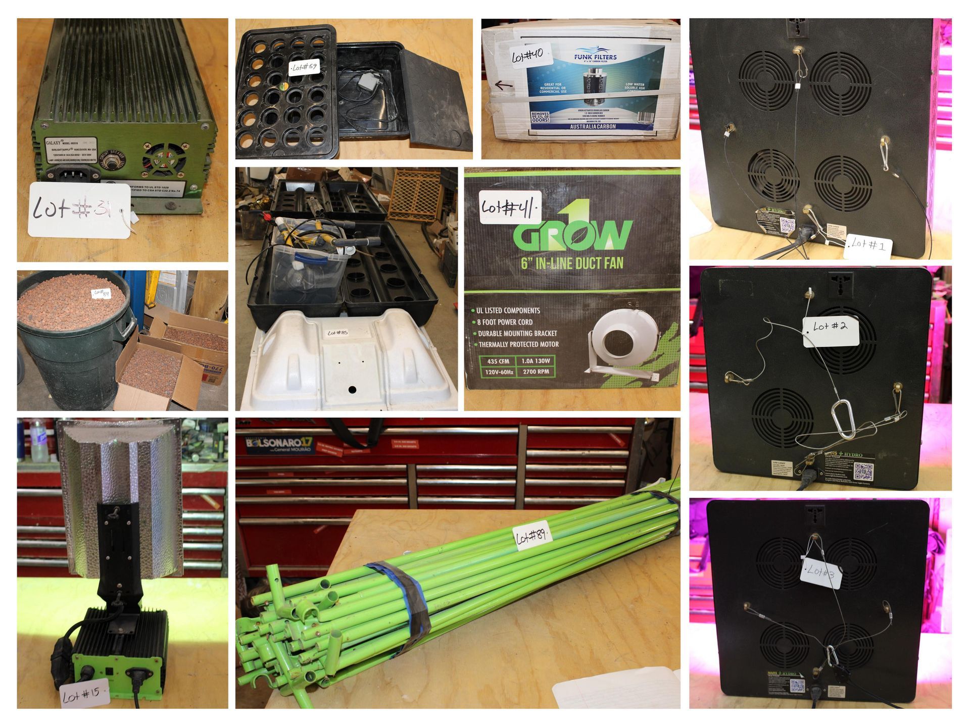 Assorted equipment including grow lights, trays, and tools.