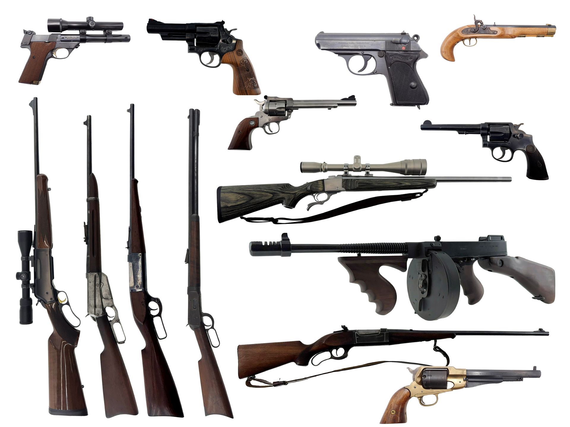 Assorted handguns, revolvers, rifles, shotguns, and a submachine gun arranged on a white background