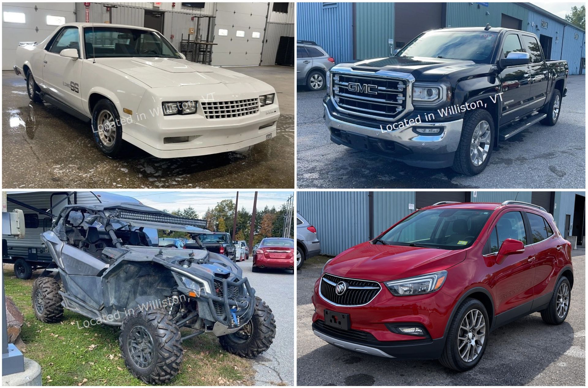 Four pickup trucks parked outdoors, including silver, black, and blue SUVs and trucks.