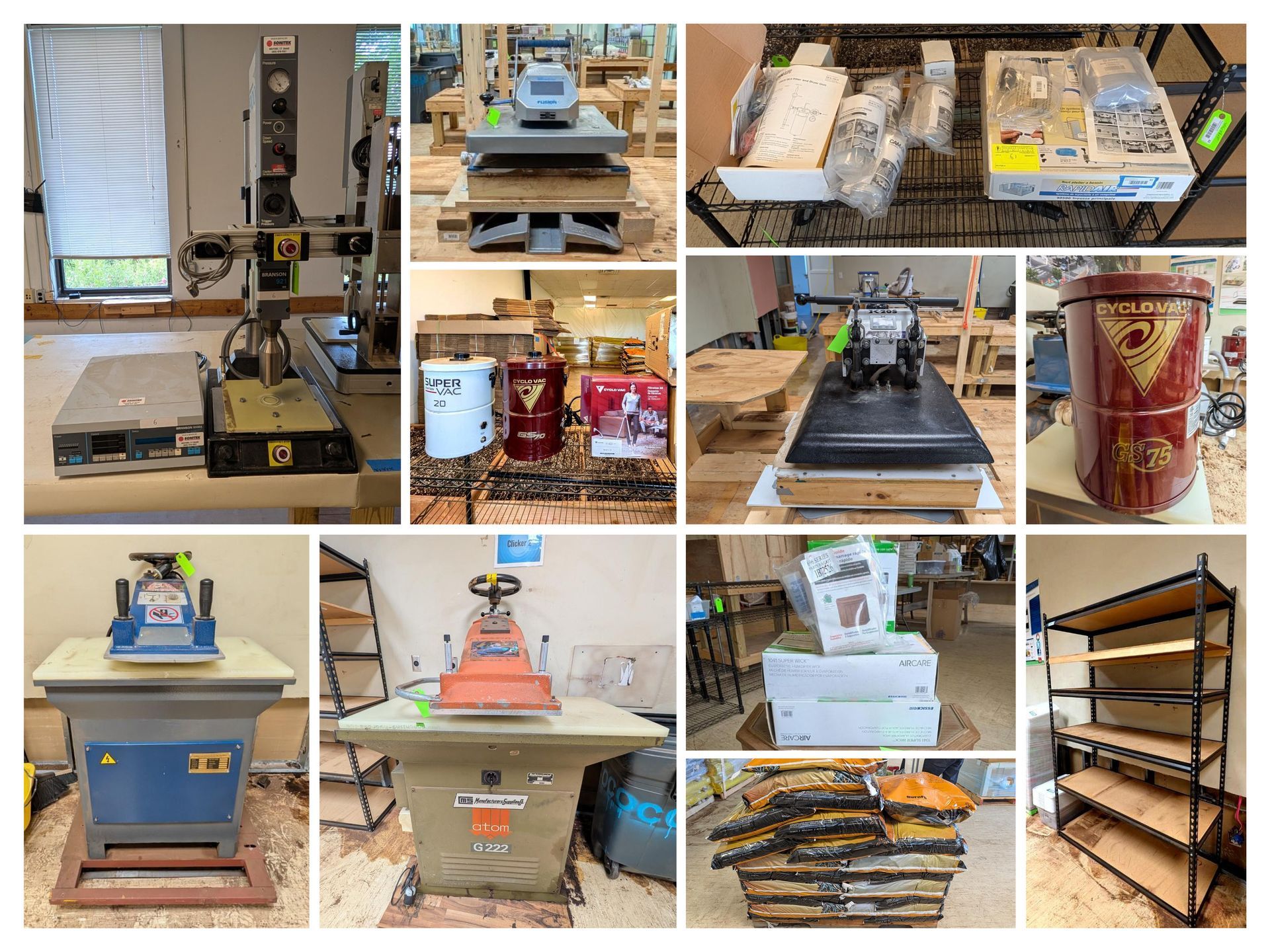 Collage of industrial machines, equipment, and shelving in a workshop or storage space