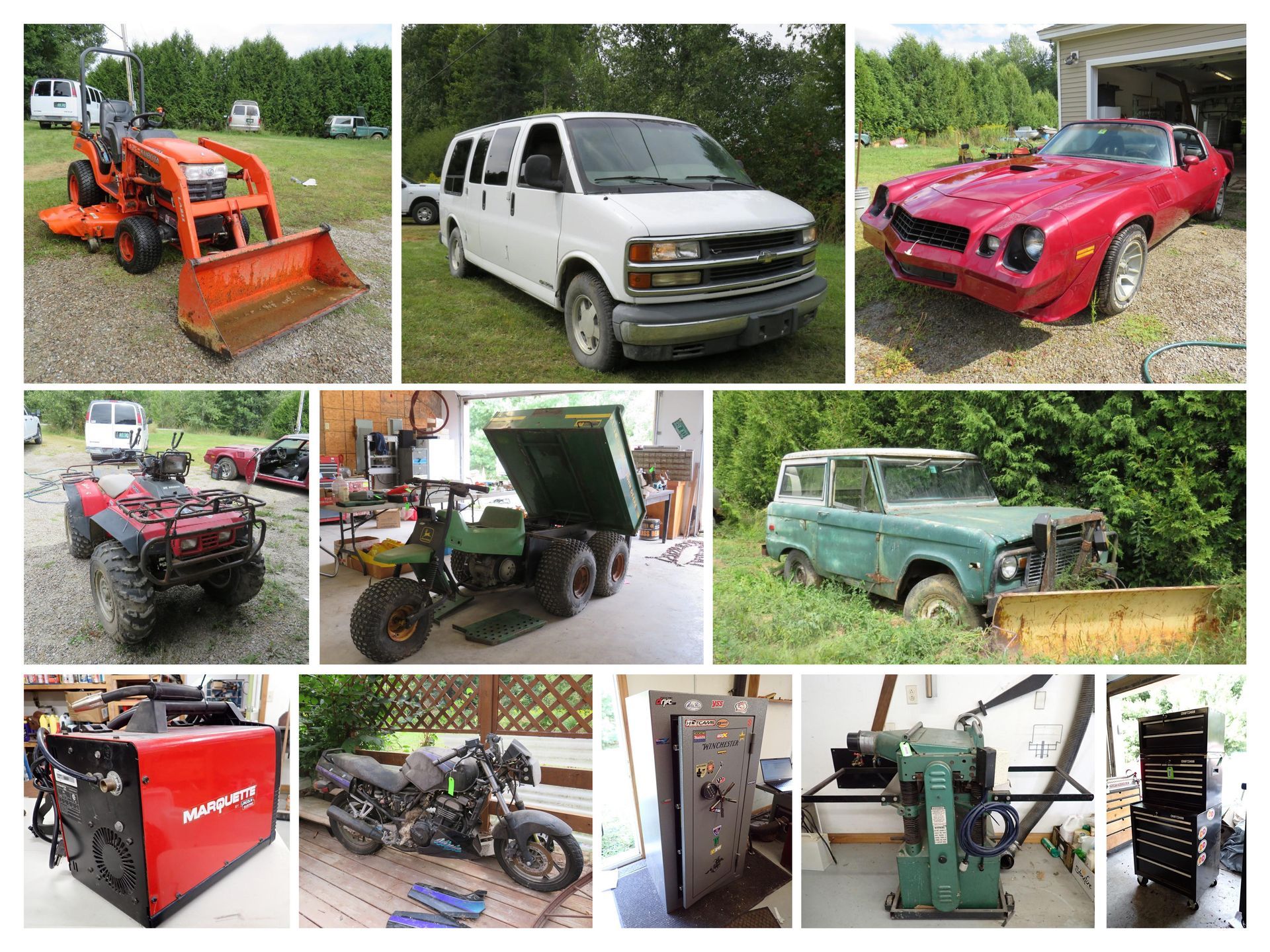 Collection of vehicles and equipment outdoors, including a tractor, van, car, ATV, and dump truck.