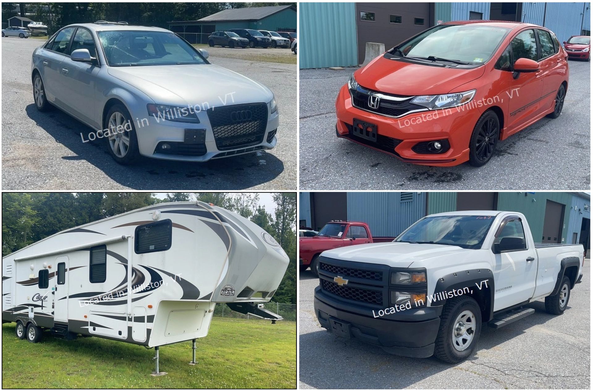 Four vehicle photos: a black pickup, a white camper trailer, a dark SUV, and a maroon sedan with gold rims.