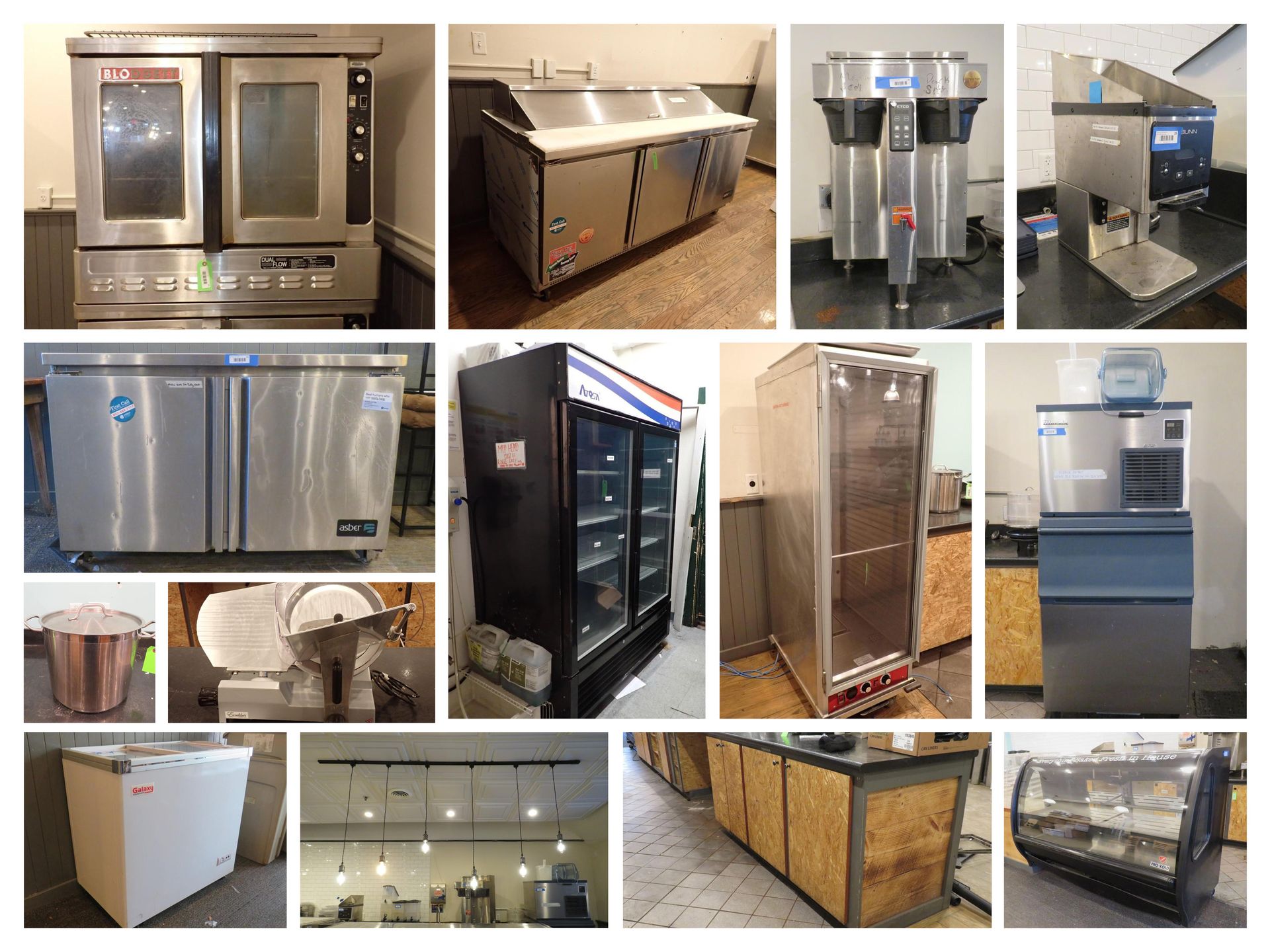 Assortment of commercial kitchen equipment, including ovens, refrigerators, and a coffee maker.