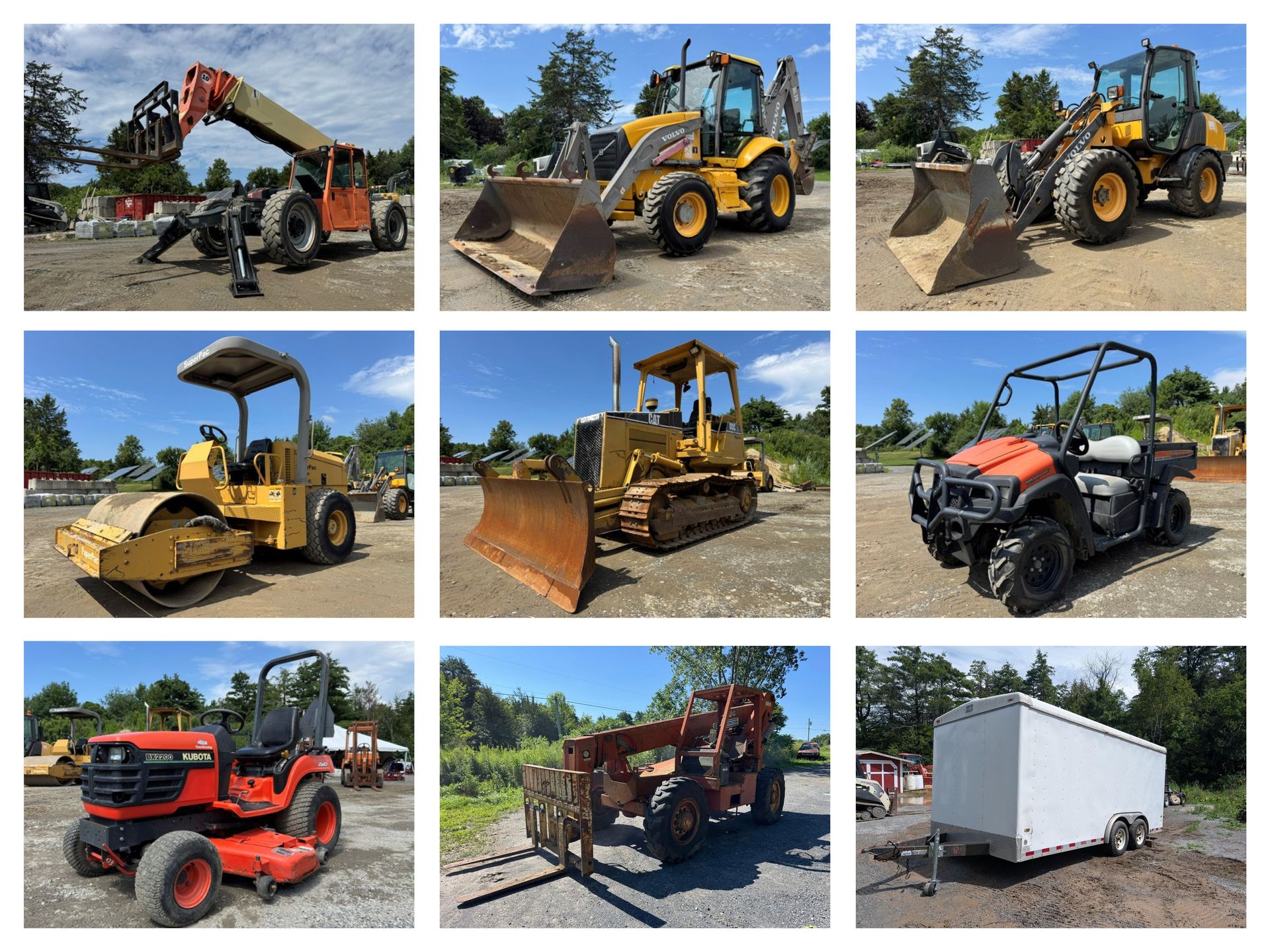 Collage of construction equipment: excavators, loaders, bulldozers, and utility vehicles outdoors