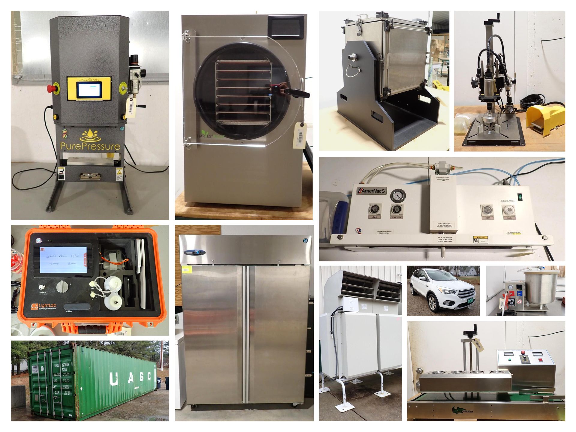 Collage of various vintage machinery: bulldozer, industrial press, backhoes, classic car, and antique gas pump
