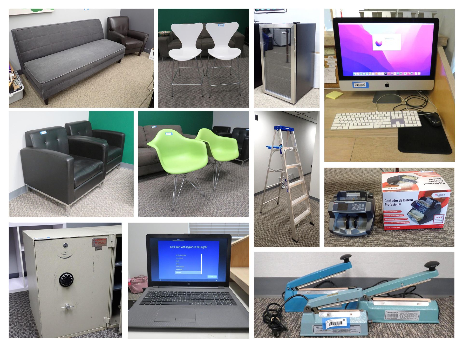 Collection of office furniture and equipment including sofas, chairs, computer, and a safe.