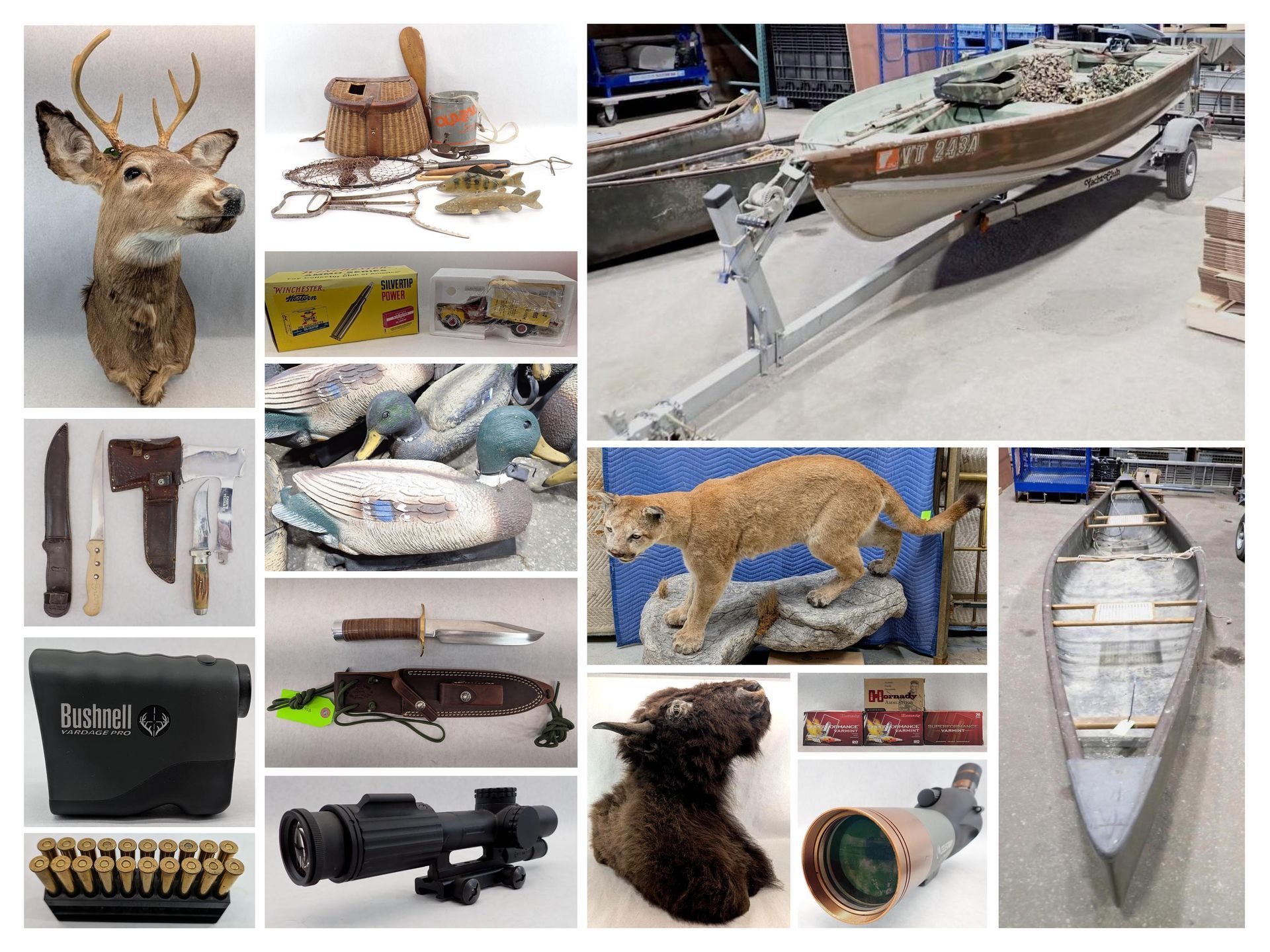 Wildlife taxidermy, hunting gear, and antique canoe artifacts in a collage on white background