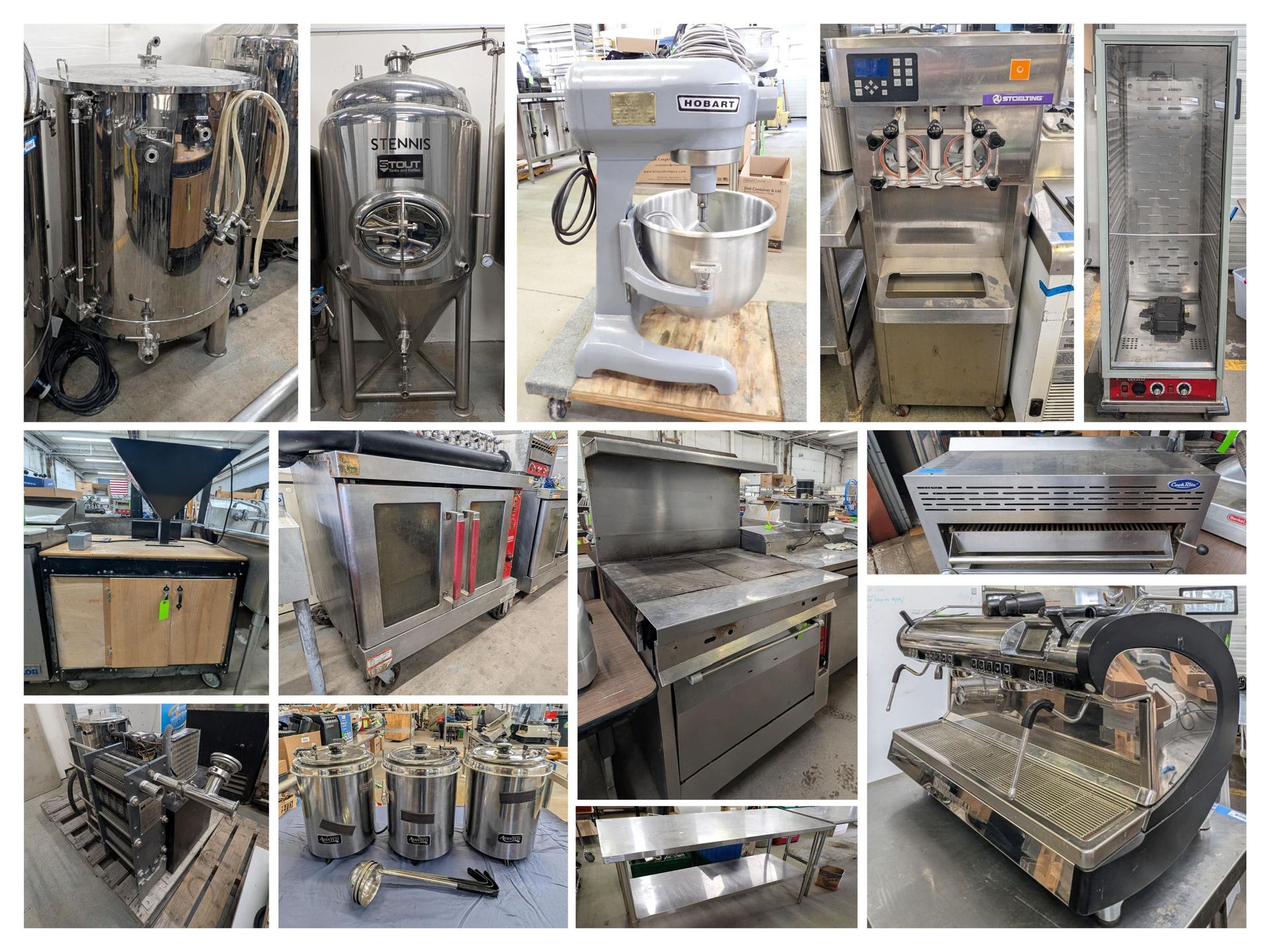 Collage of stainless steel industrial food-processing machines in a clean factory setting