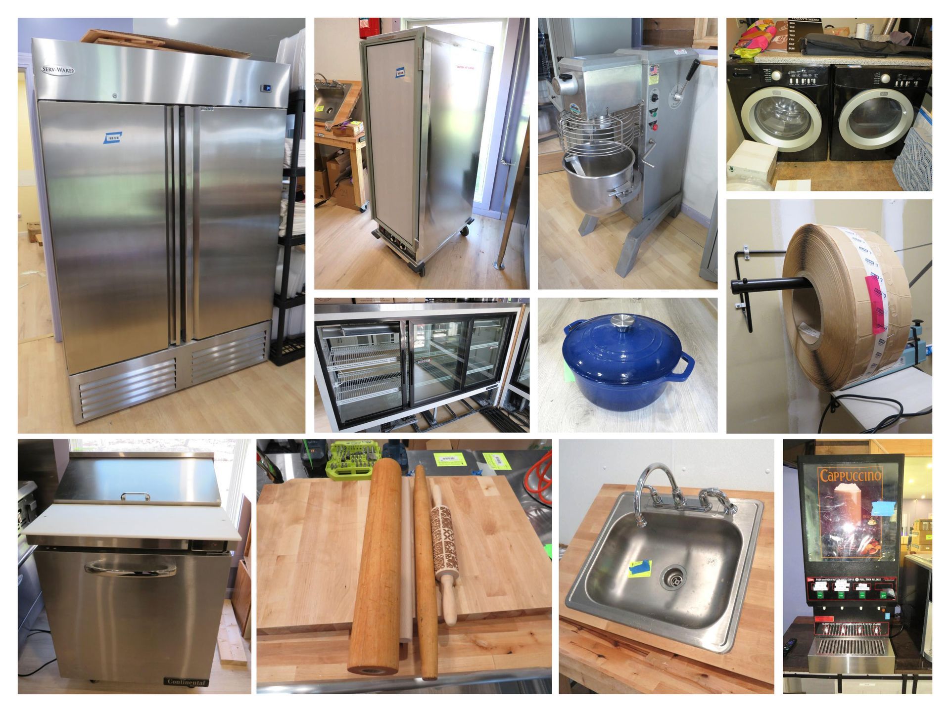 Assortment of commercial kitchen equipment: refrigerators, mixer, washers, sink, cutting boards, and soda dispenser.
