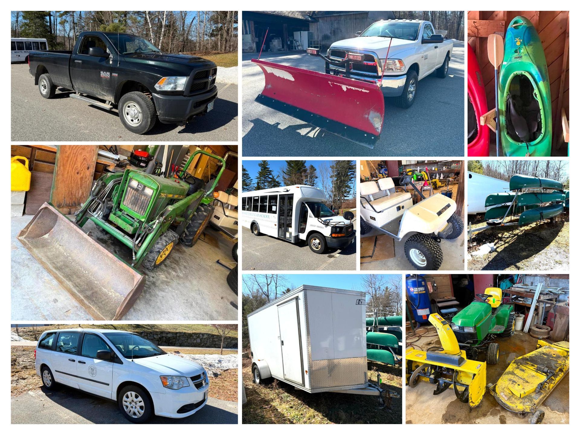 Collection of various vehicles and equipment for sale, including trucks, a bus, and a trailer.