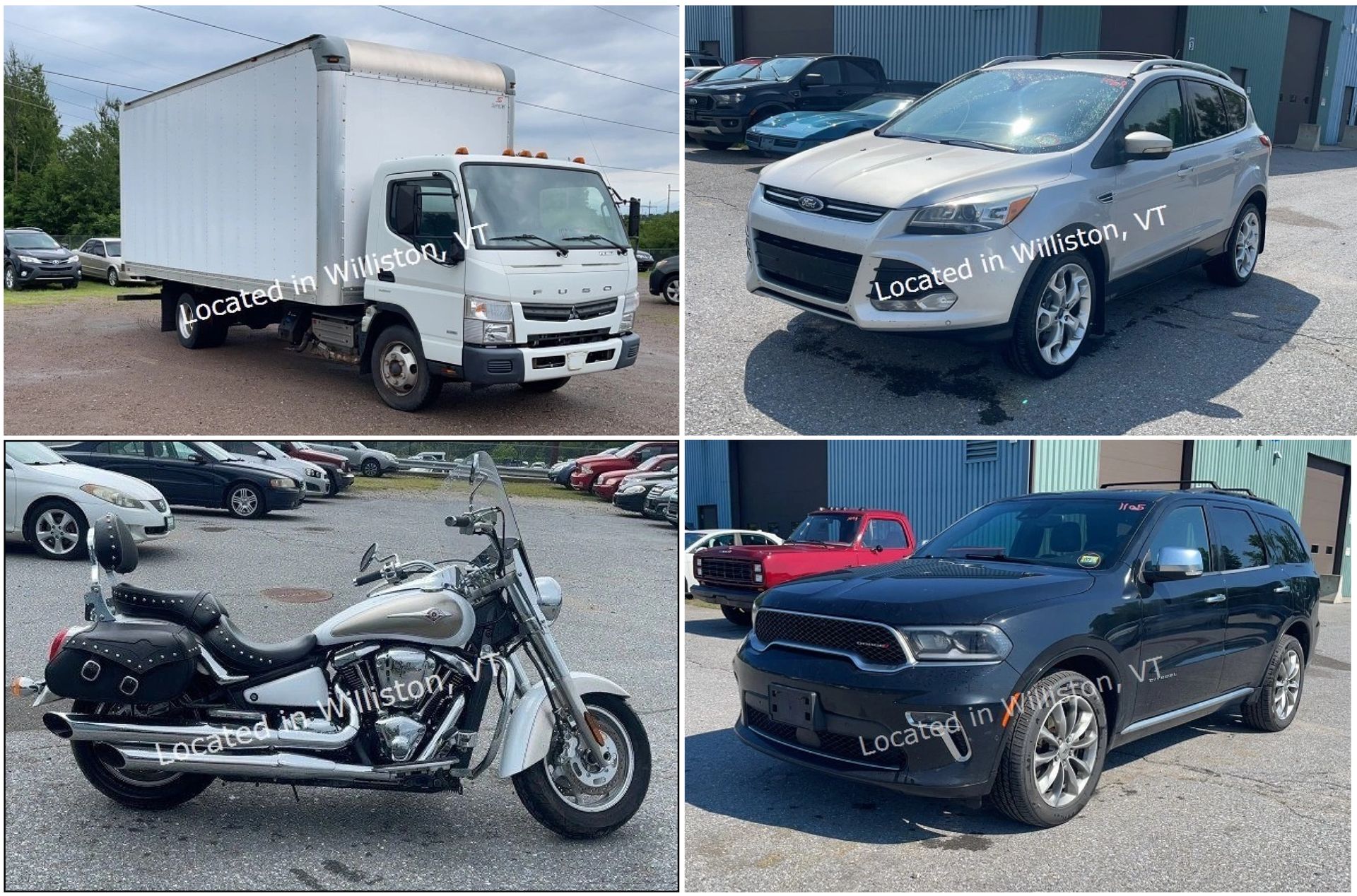 Four vehicle photos: a black pickup, a white camper trailer, a dark SUV, and a maroon sedan with gold rims.