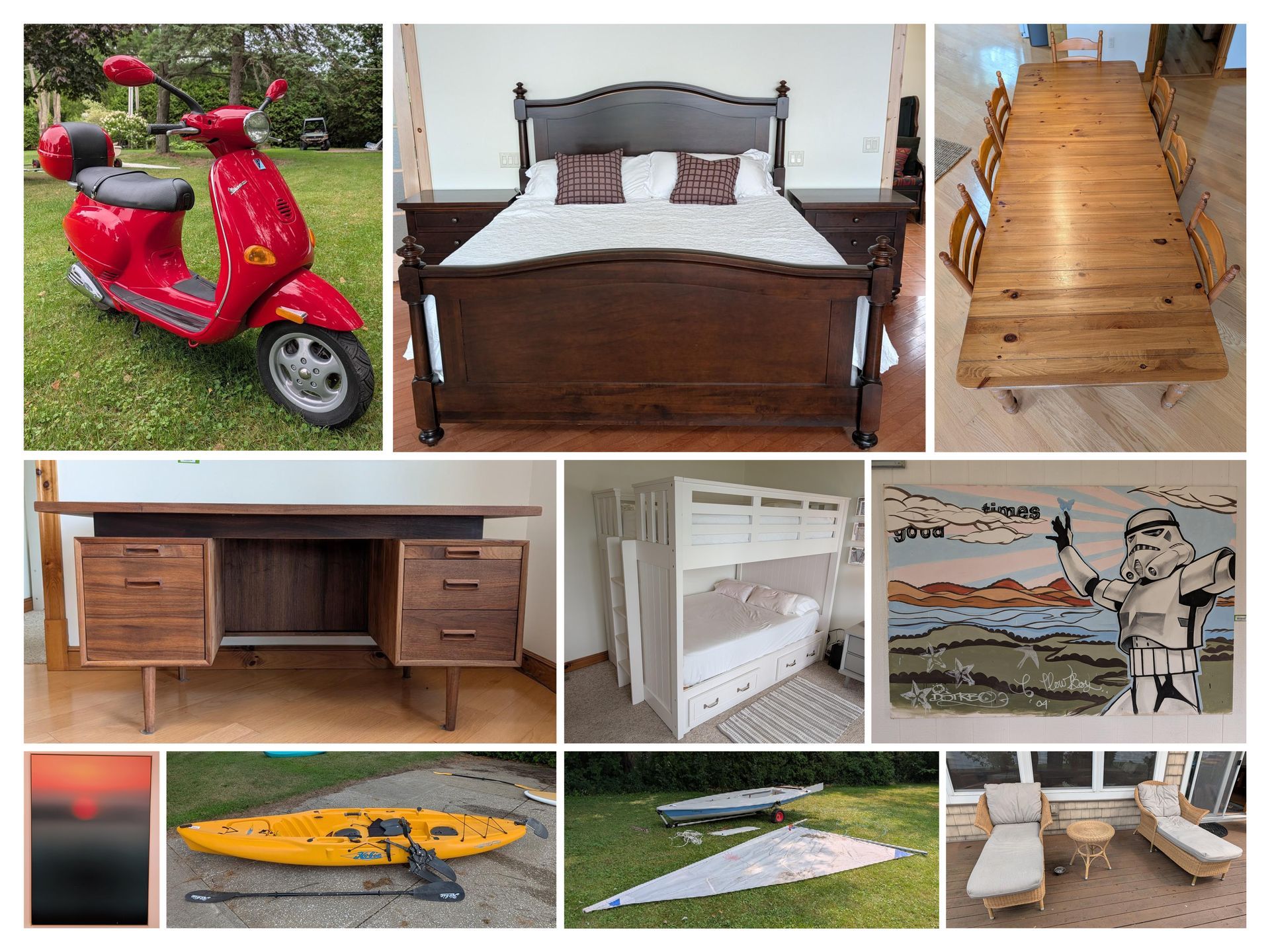 Collage of furniture and vehicles, including a red scooter, wooden bed, tables, and chairs.