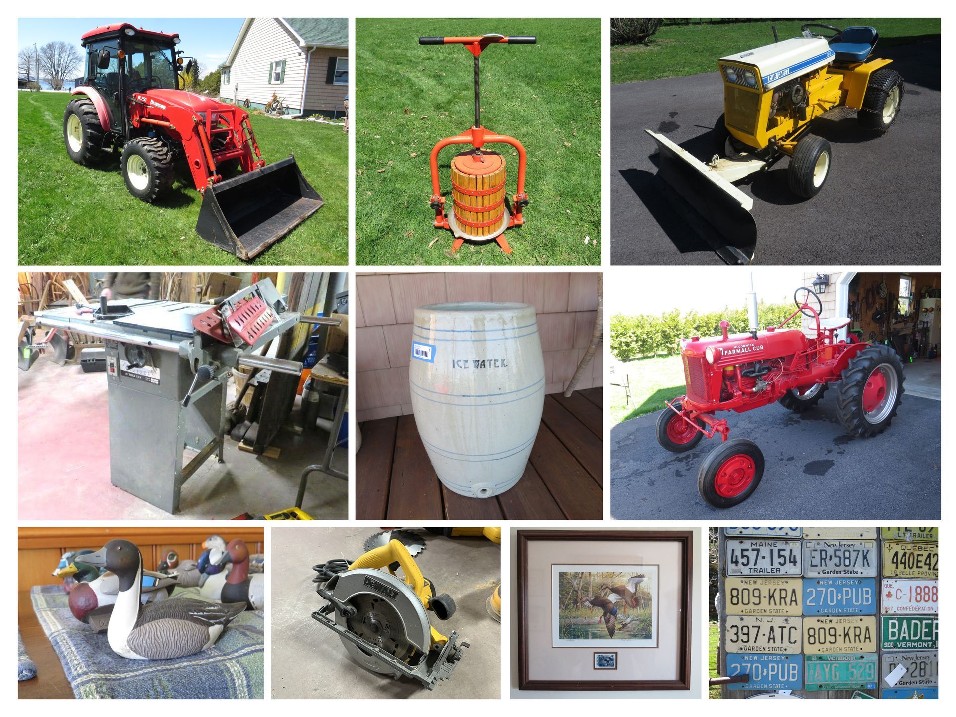 Collection of farming equipment and other objects, including tractors, a table saw, and a circular saw.