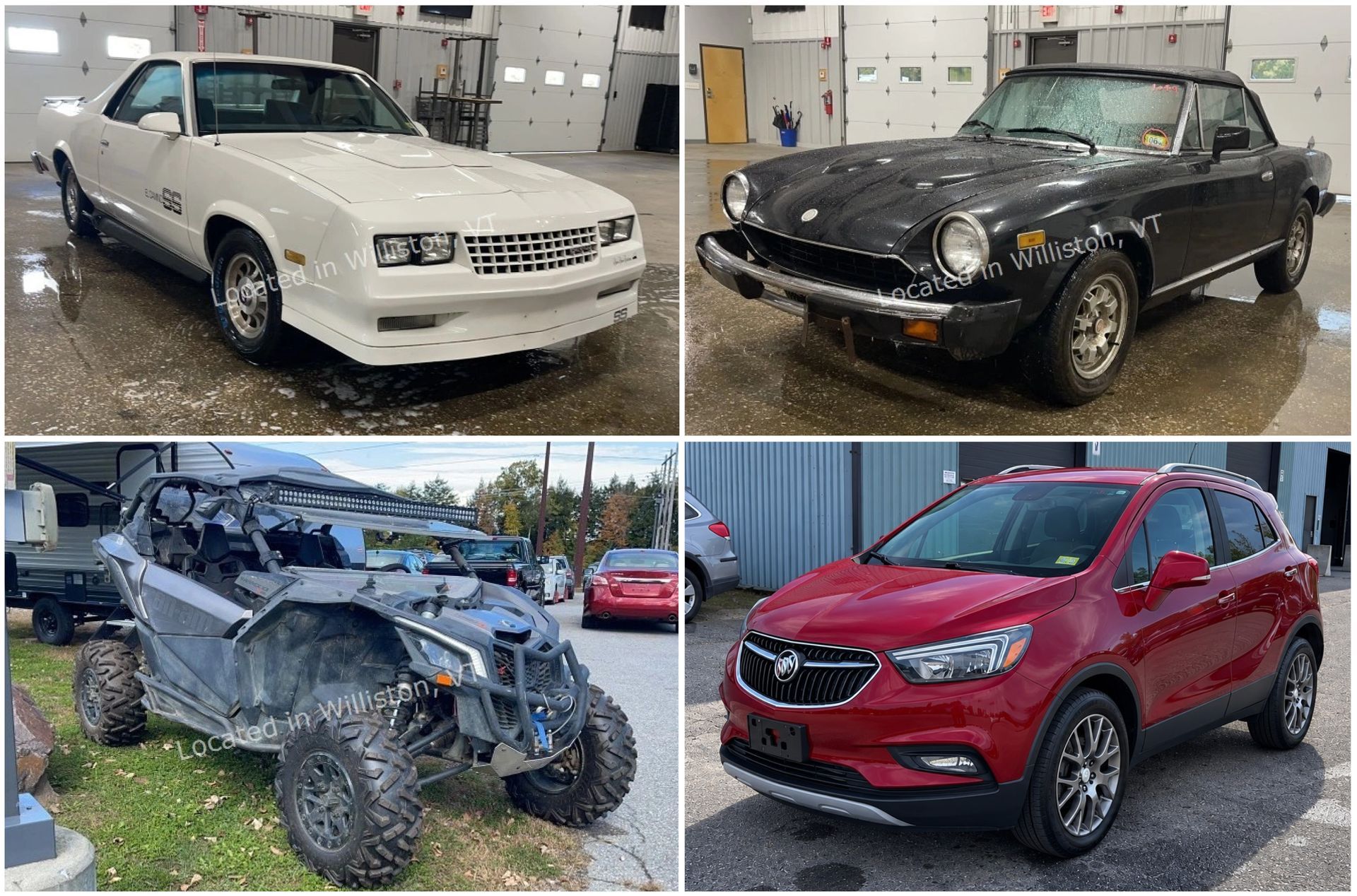 Four pickup trucks parked outdoors, including silver, black, and blue SUVs and trucks.
