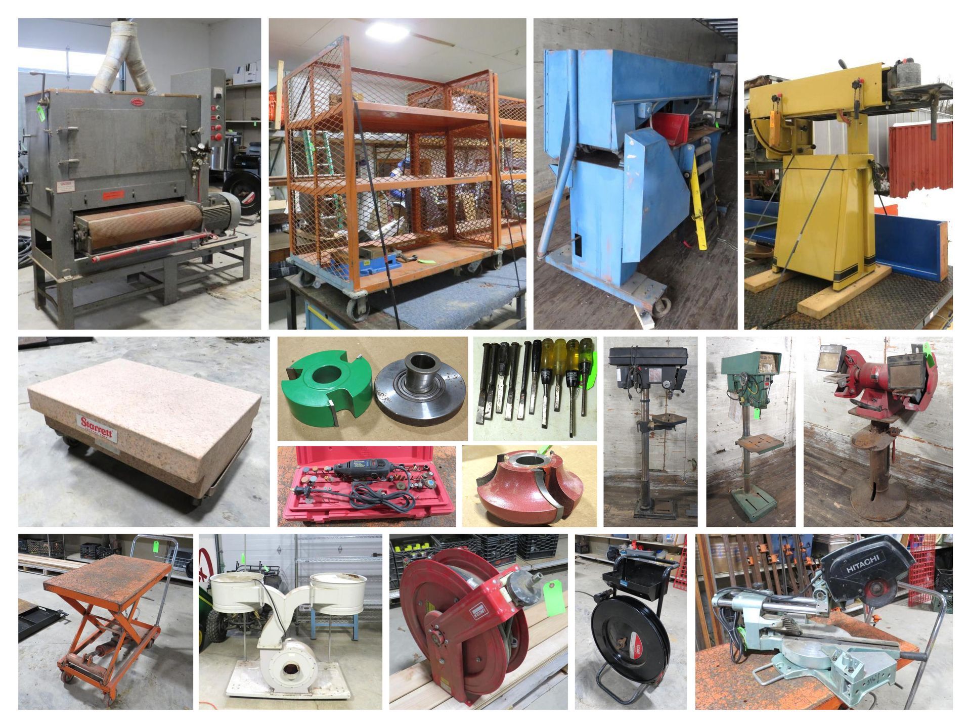 Assorted industrial equipment: machinery, tools, workbenches. Various colors and sizes, inside a workshop-like setting.