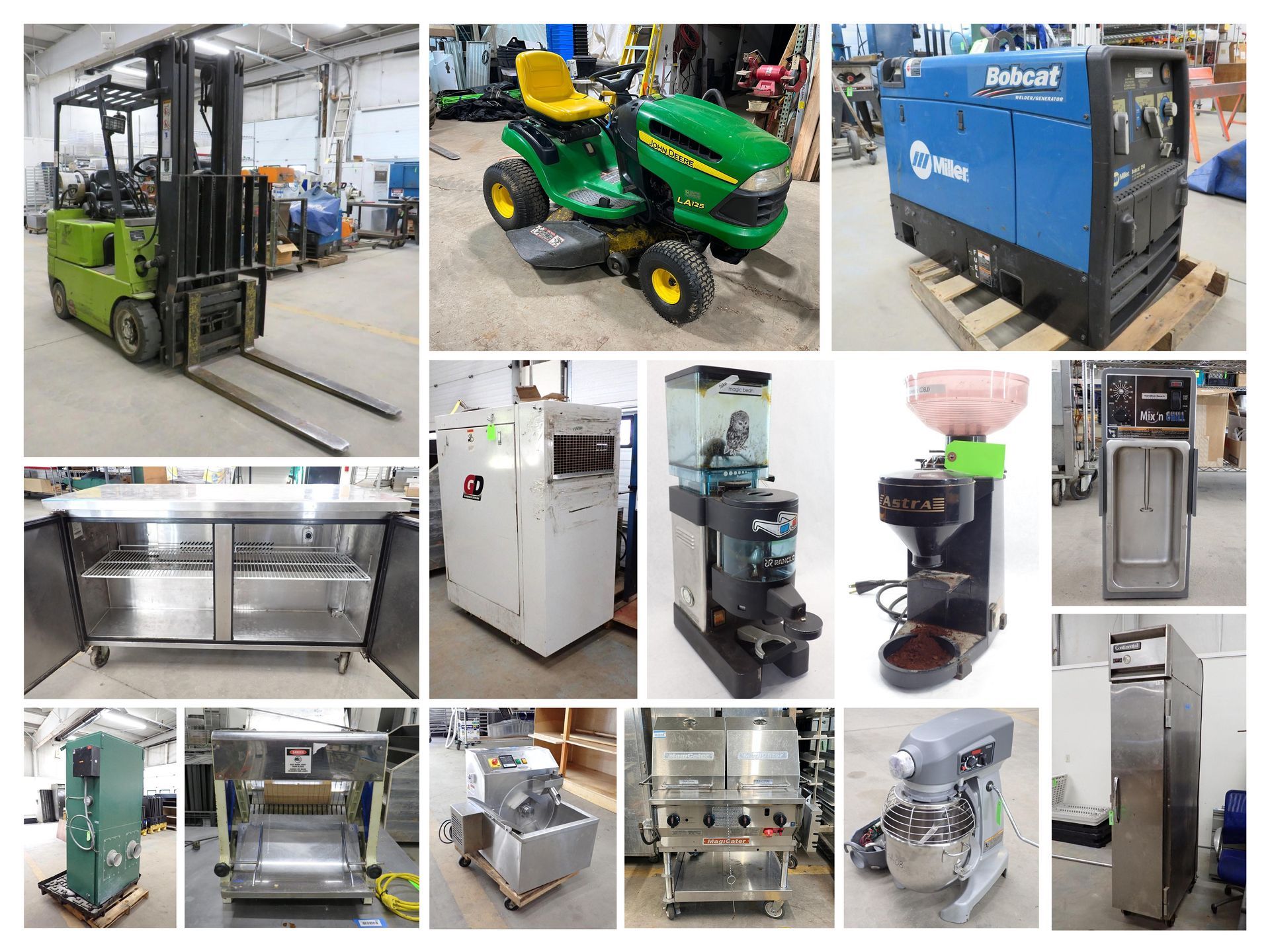 Collection of various commercial equipment: forklift, lawnmower, welder, kitchen appliances, and more.