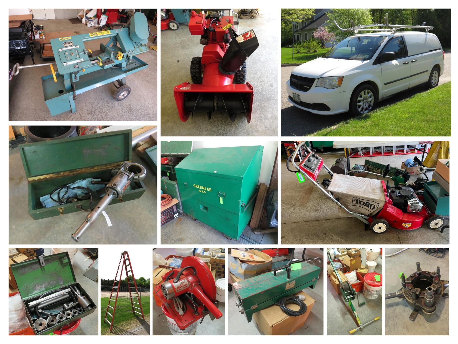 Assortment of tools, a snowblower, a van, and other equipment on a lawn.