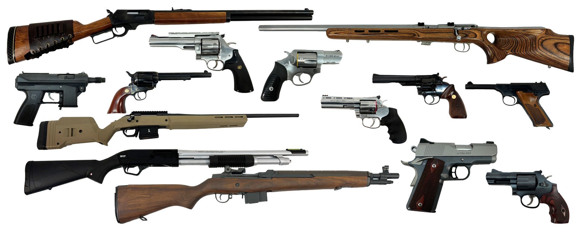 Collection of various firearms, including rifles, shotguns, and handguns, arranged against a white background.
