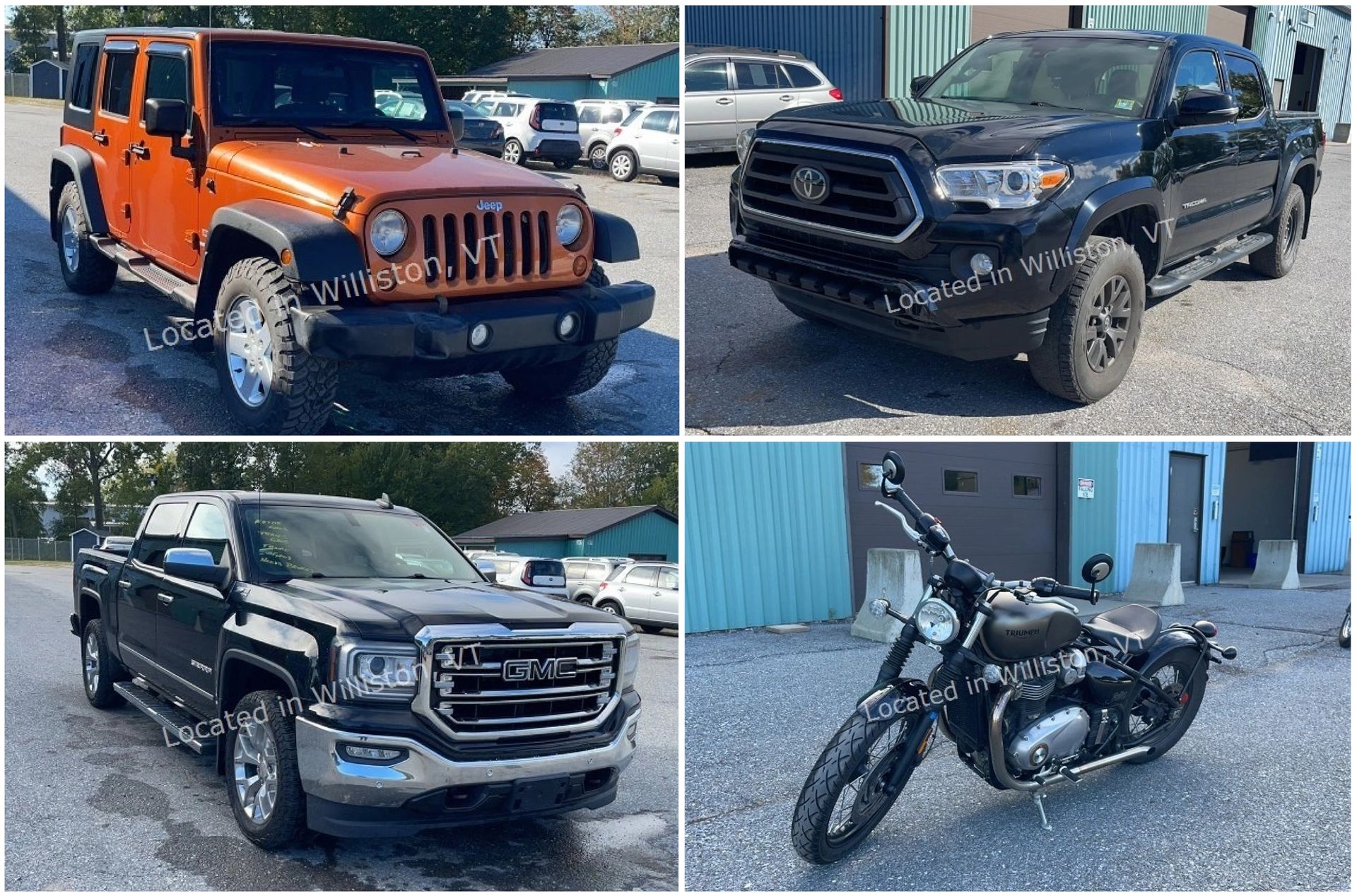 Four pickup trucks parked outdoors, including silver, black, and blue SUVs and trucks.