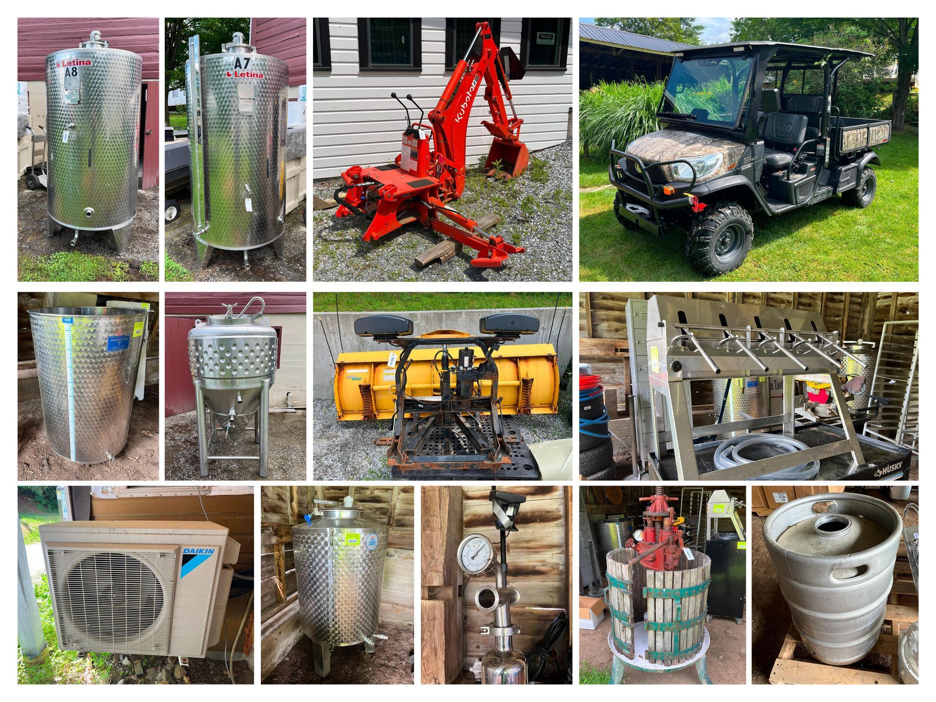 Various stainless steel tanks, heavy machinery, a utility vehicle, and winemaking equipment.