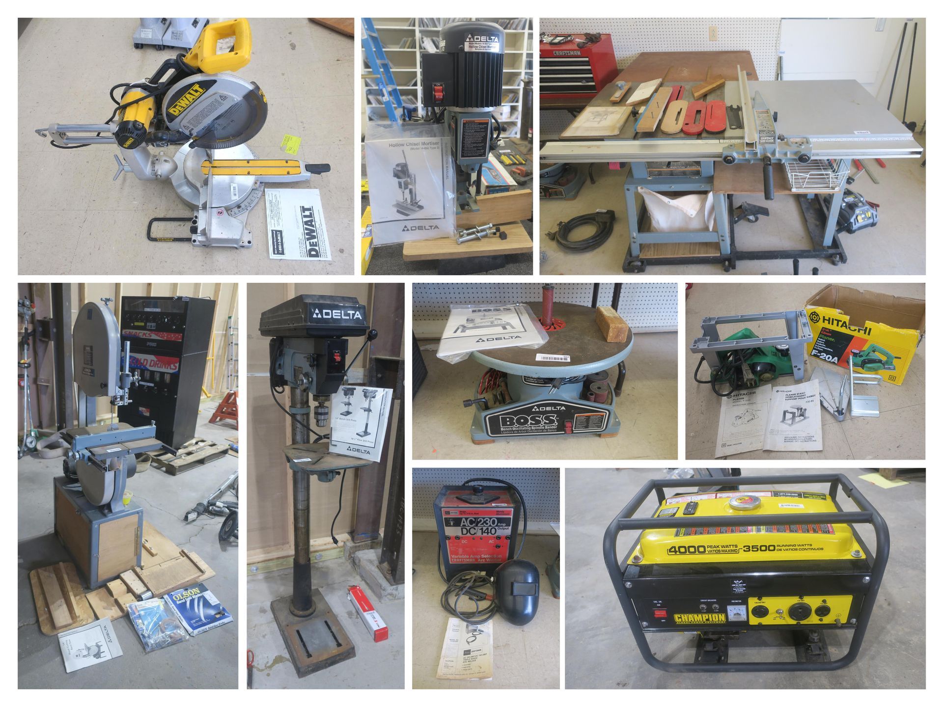 Collage of shop tools and machinery, including saws, a drill press, workbenches, and a generator.