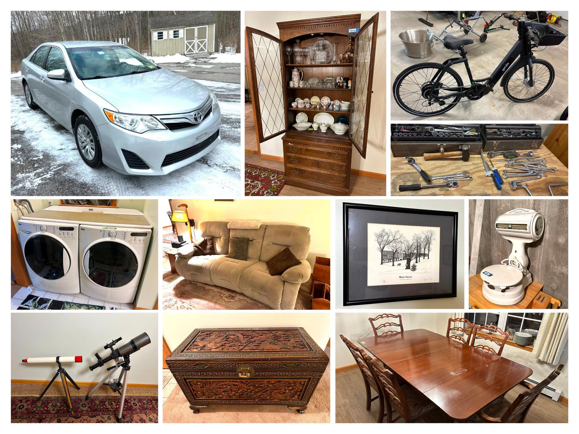 Assortment of items: car, cabinet, bike, tools, washer/dryer, sofa, art, scale, telescope, chest, dining set.