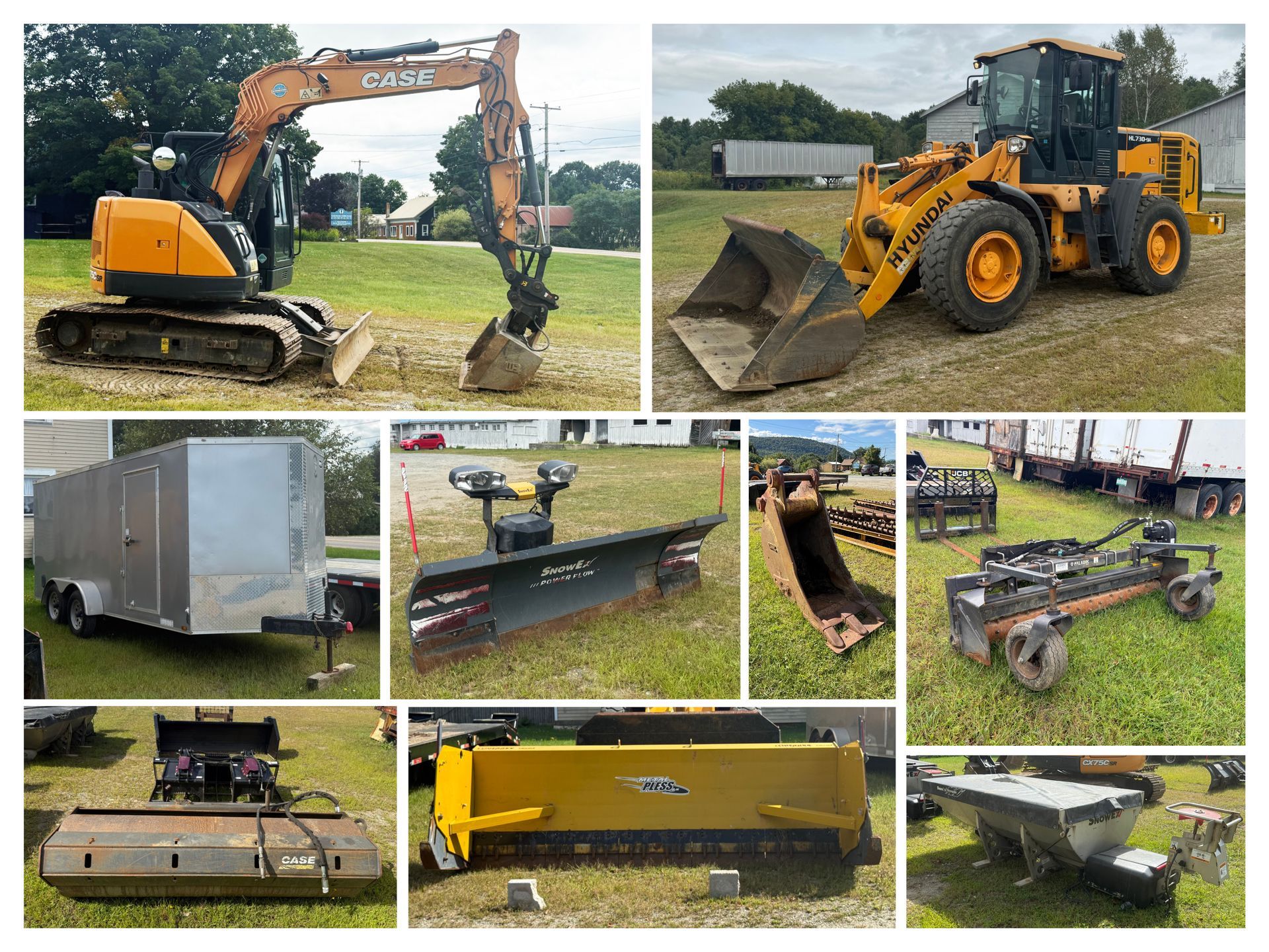 Collage of industrial machines, equipment, and shelving in a workshop or storage space