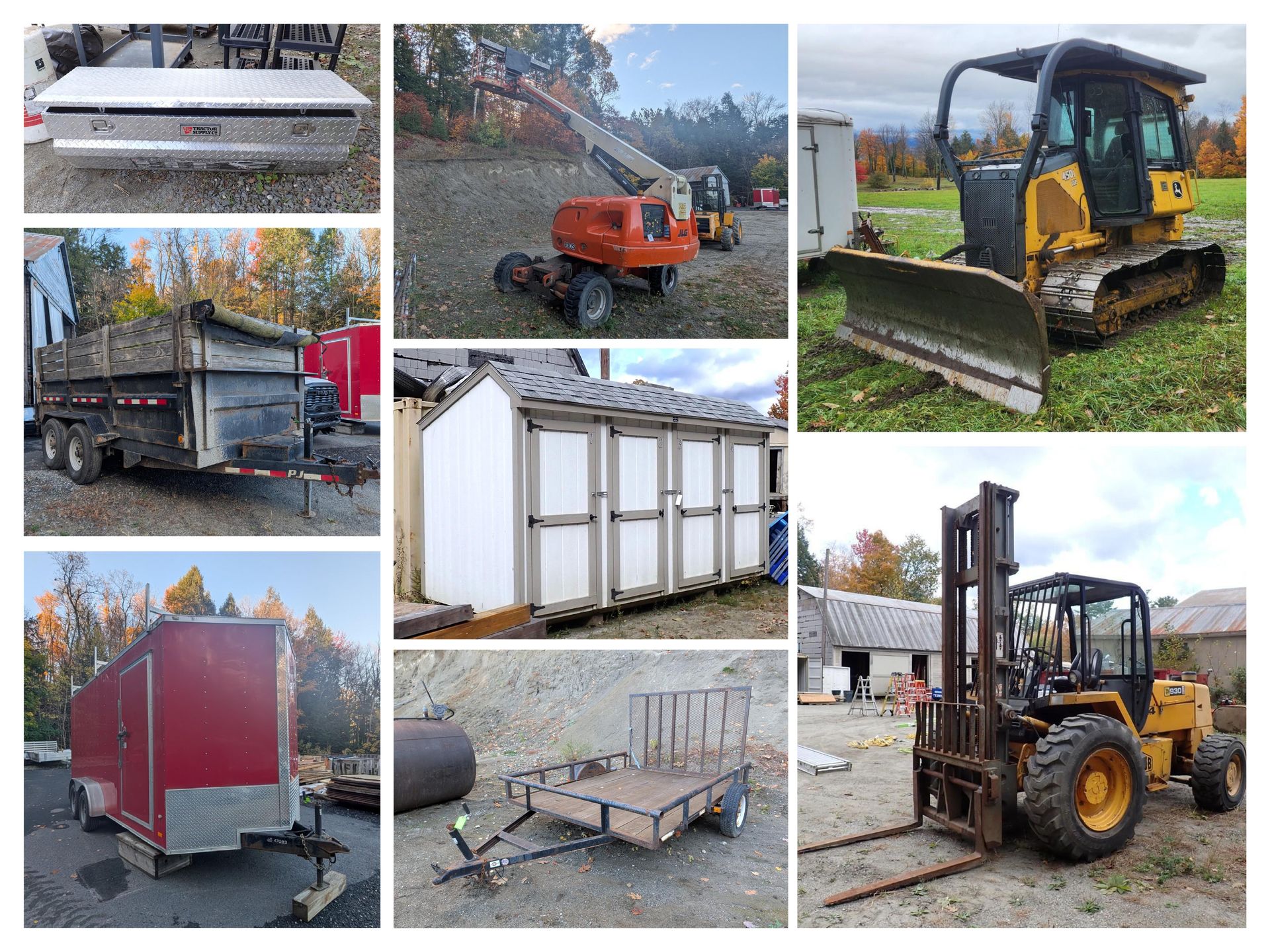 Collage of industrial machines, equipment, and shelving in a workshop or storage space