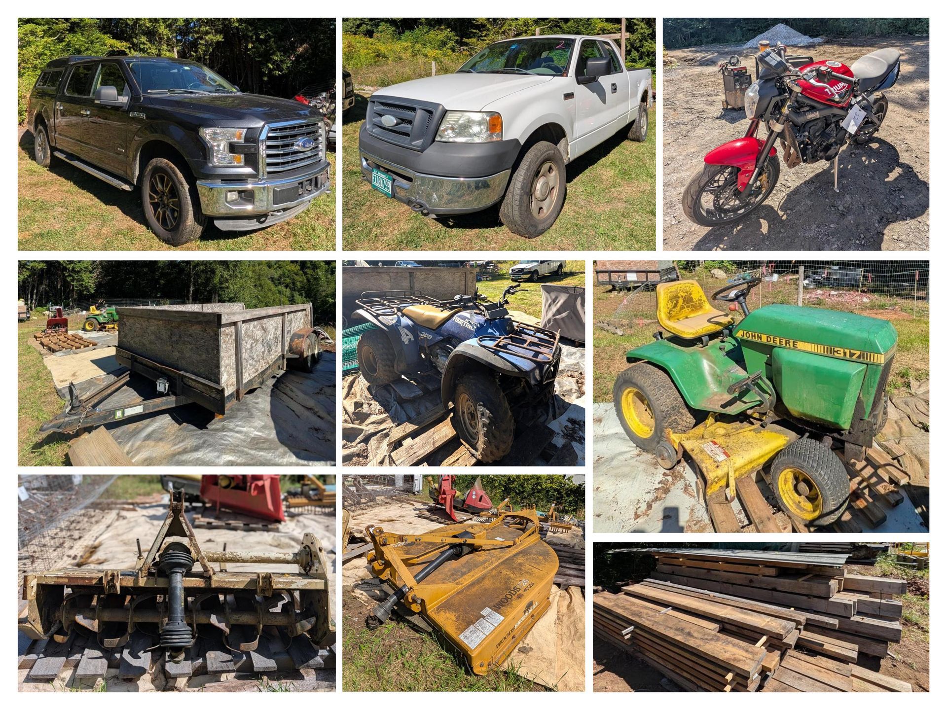 Collage of farm and work vehicles: pickup trucks, motorcycles, tractor, trailer, and machinery outdoors