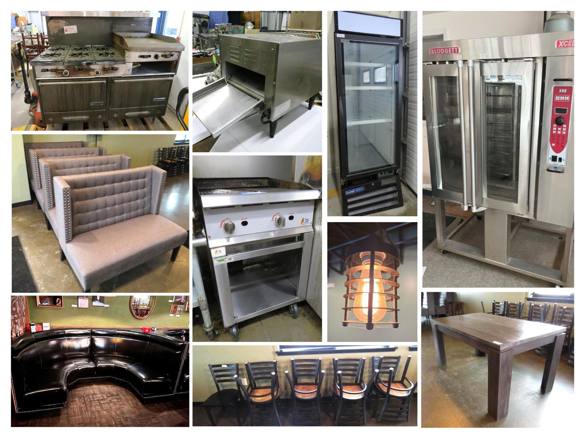Restaurant equipment: stoves, ovens, refrigerators, seating, tables, and a light fixture.