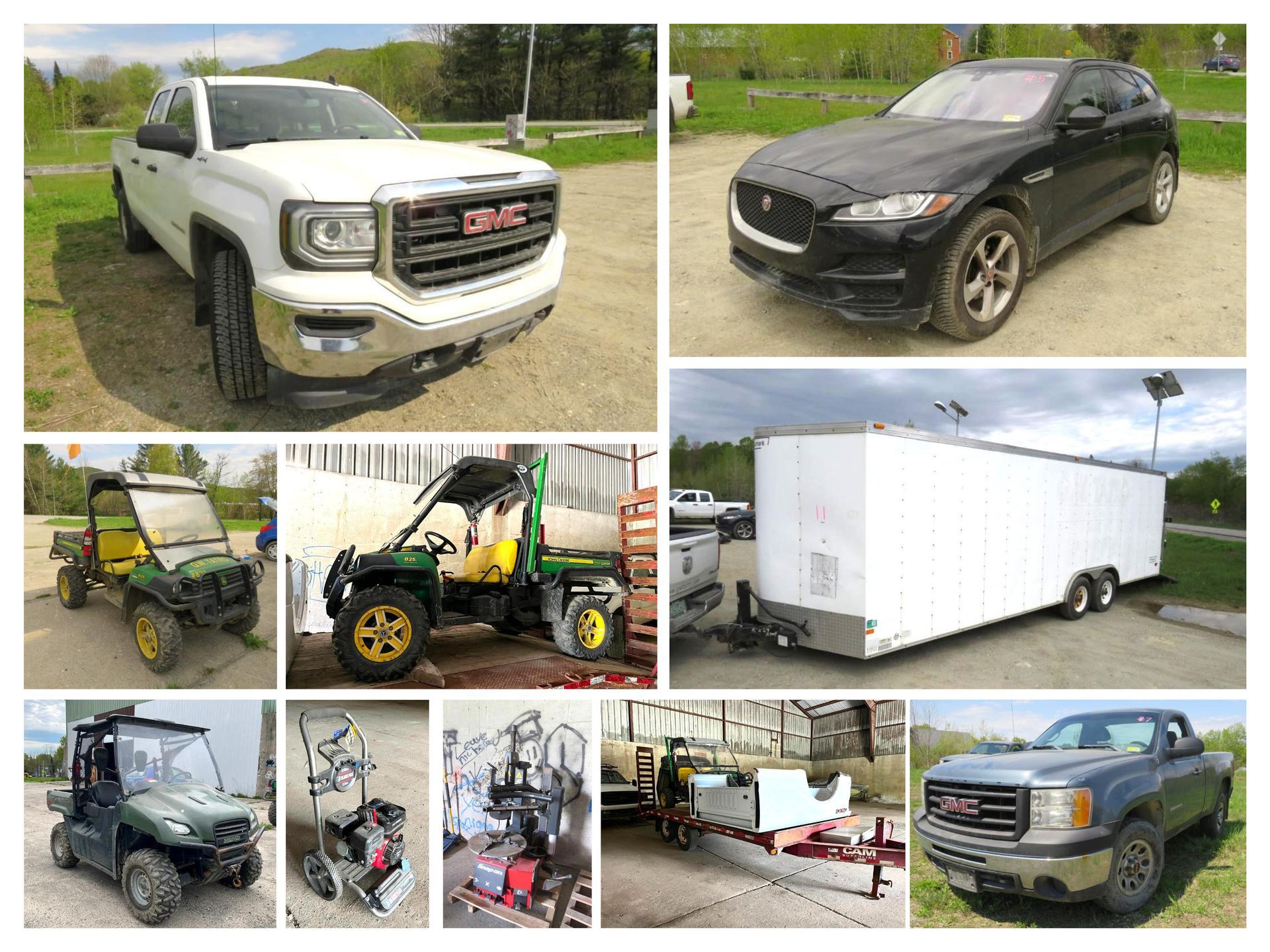 Vehicles: white GMC truck, black Jaguar, trailers, utility vehicles, farm equipment, and another GMC truck, outdoors.