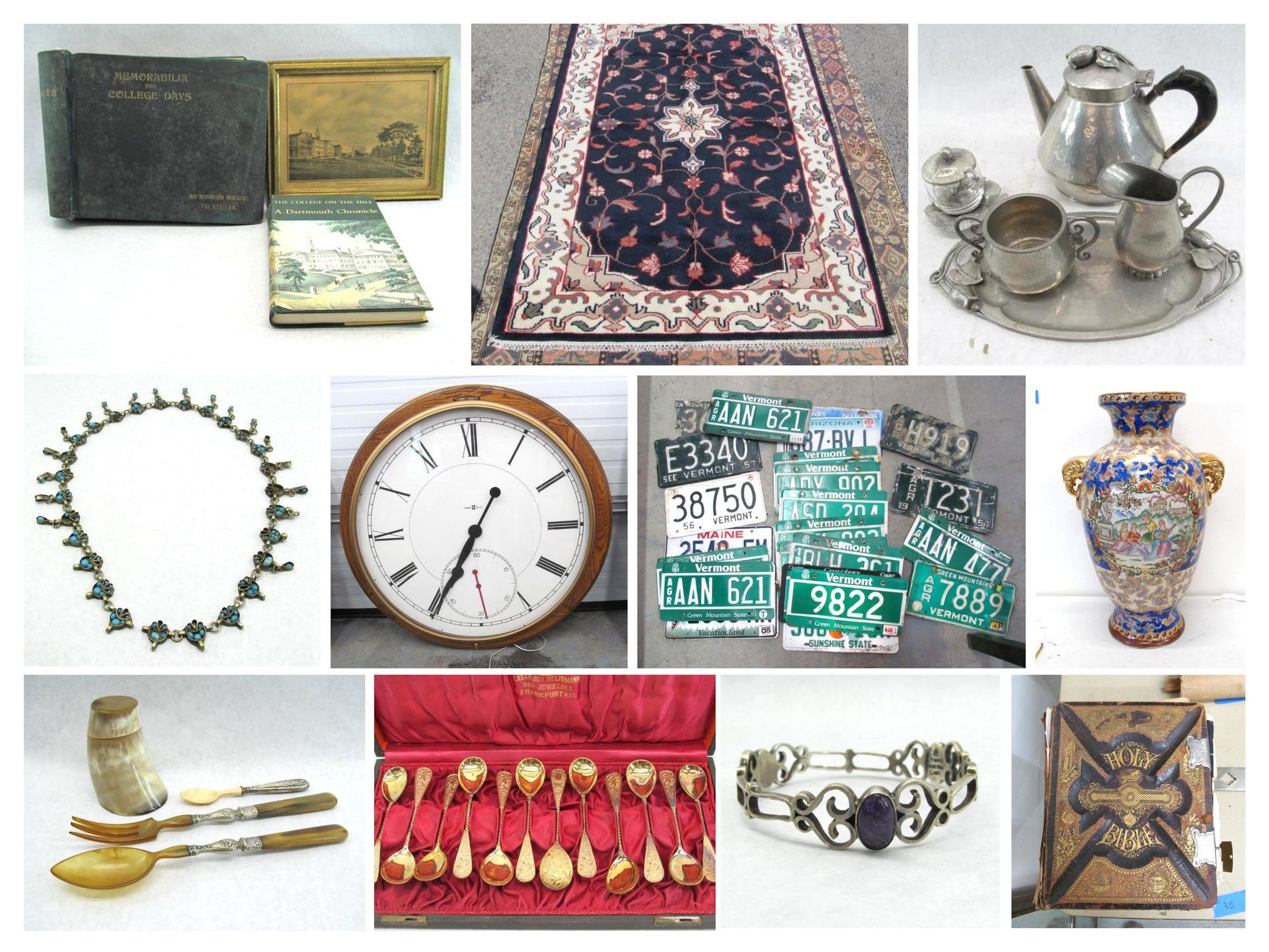 Collection of antique items, including books, jewelry, clock, and a rug.