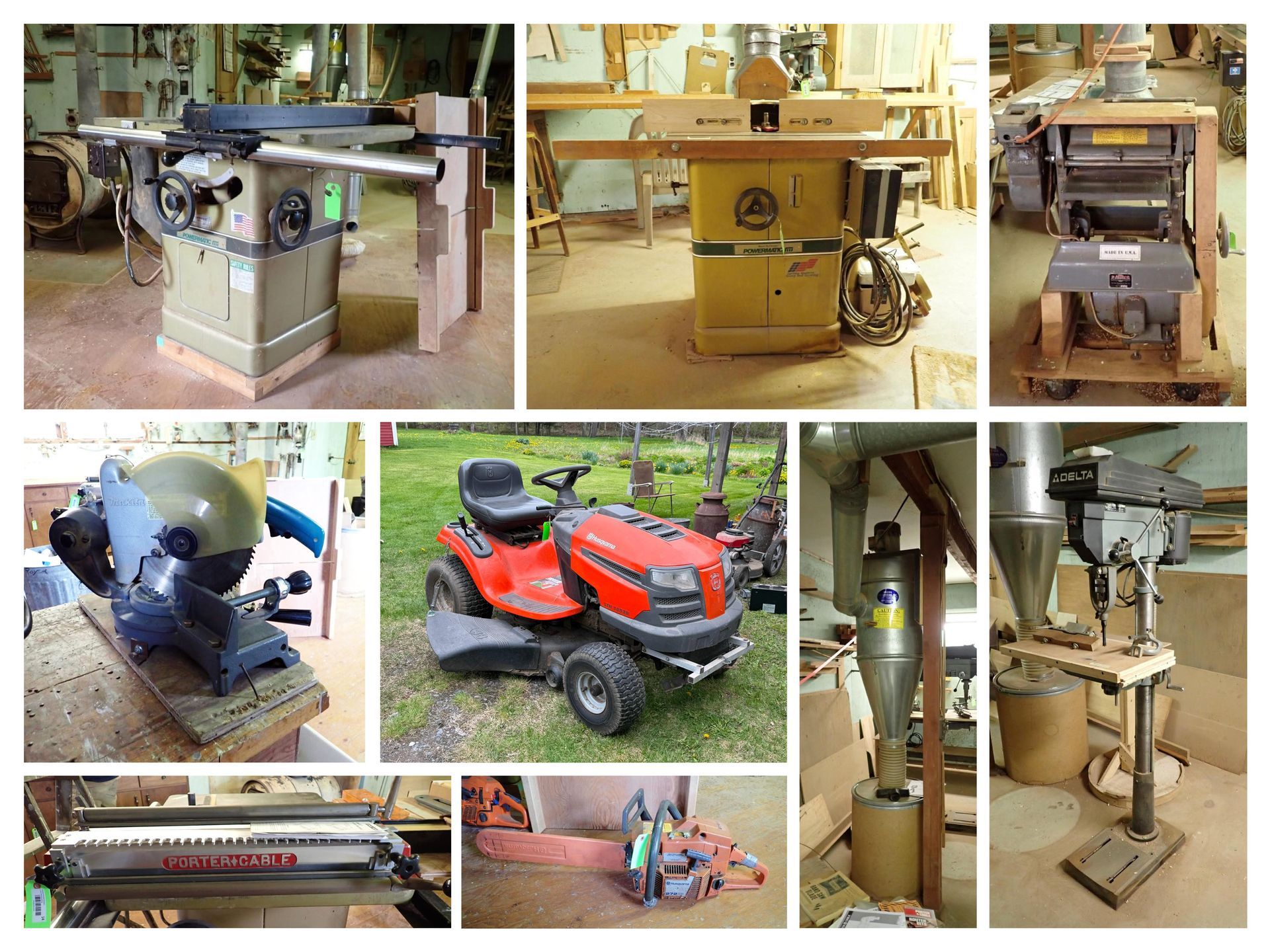 Collage of various vintage machinery: bulldozer, industrial press, backhoes, classic car, and antique gas pump