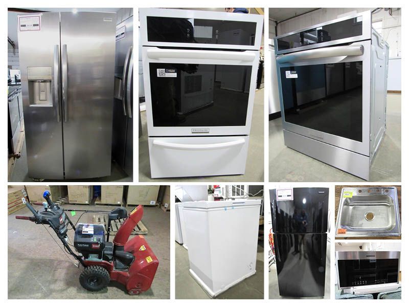 Collection of appliances: refrigerator, ovens, snowblower, freezer, dishwasher, and sink.
