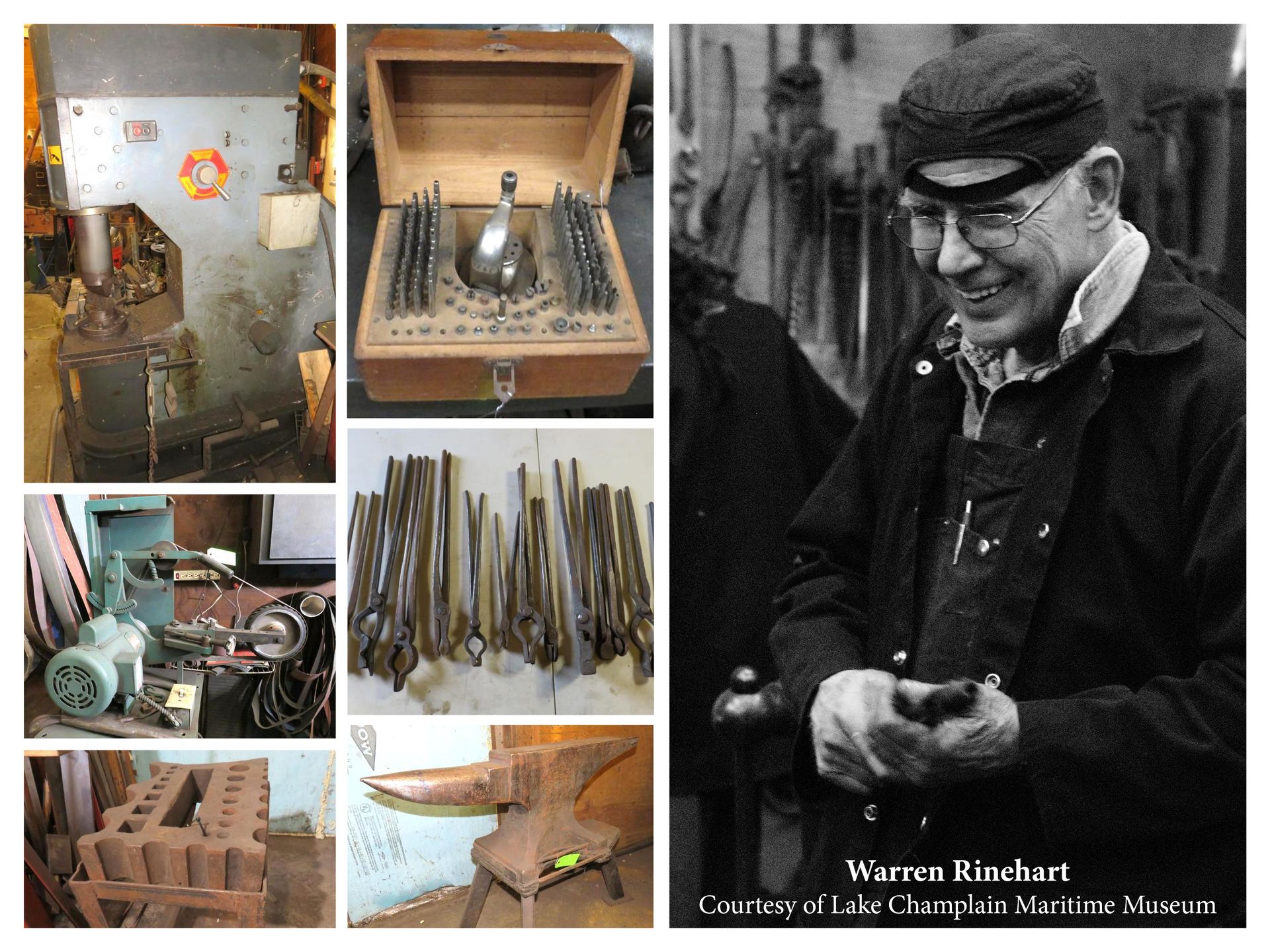 Collage of blacksmith tools and Warren Rinehart: hammer, drill bits, tongs, anvil, and a smiling man.